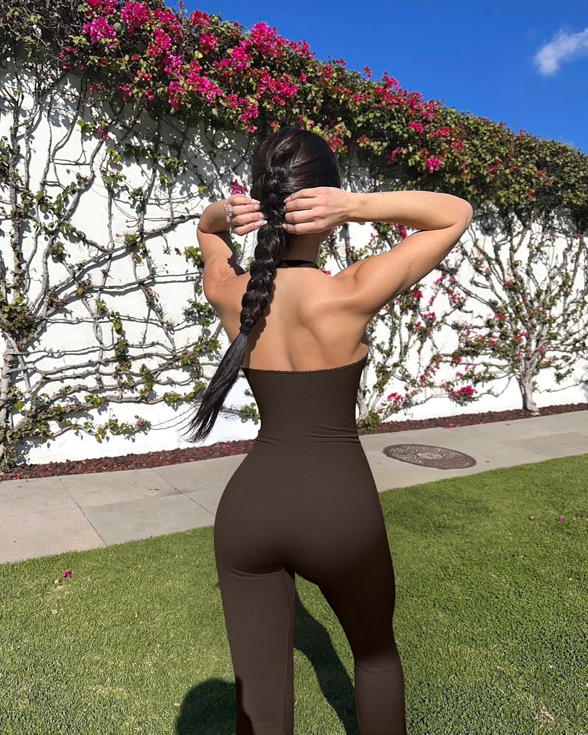 OQQ Jumpsuits for Women Fall Winter Halterneck Sleeveless Lace-Trim Flared Jumpsuit - Image 5