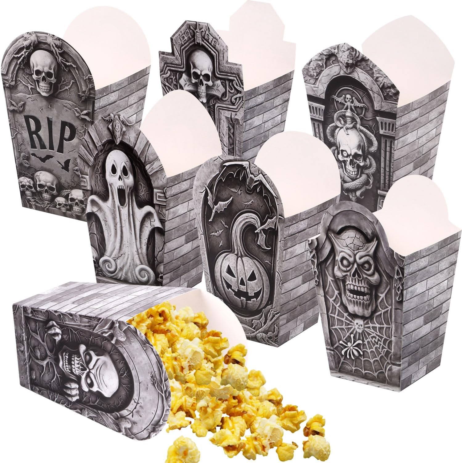 CCINEE 24pcs Halloween Popcorn Treat Boxes Bulk, Mini Halloween Movie Night Popcorn Favor Boxes for Treat Coffin Tombstone Snack Candy Cookies Goodies Food Box for Party Supply