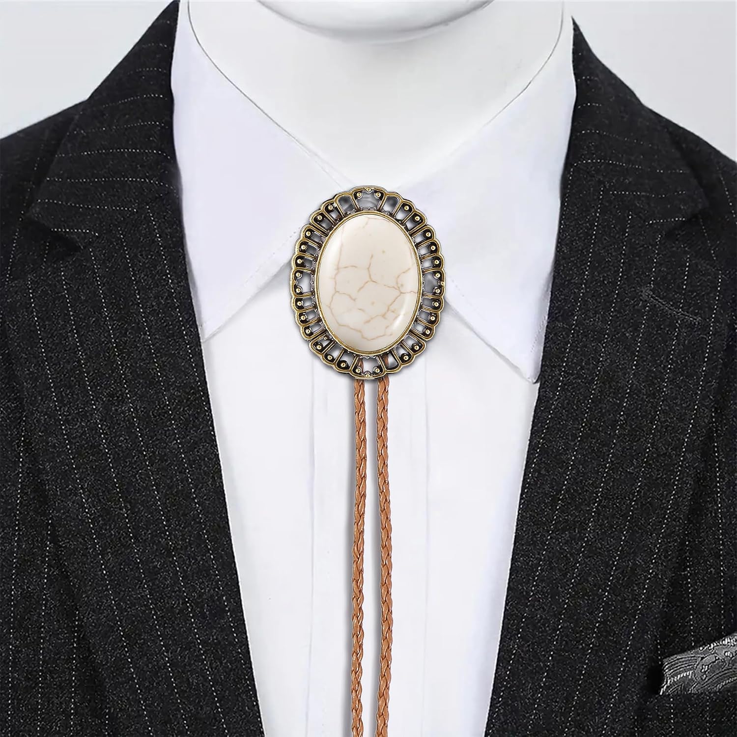 Western Vintage Bolo Tie for Men Cowboy Necklace Gold Leather Necktie Handmade Halloween Costume Accessories