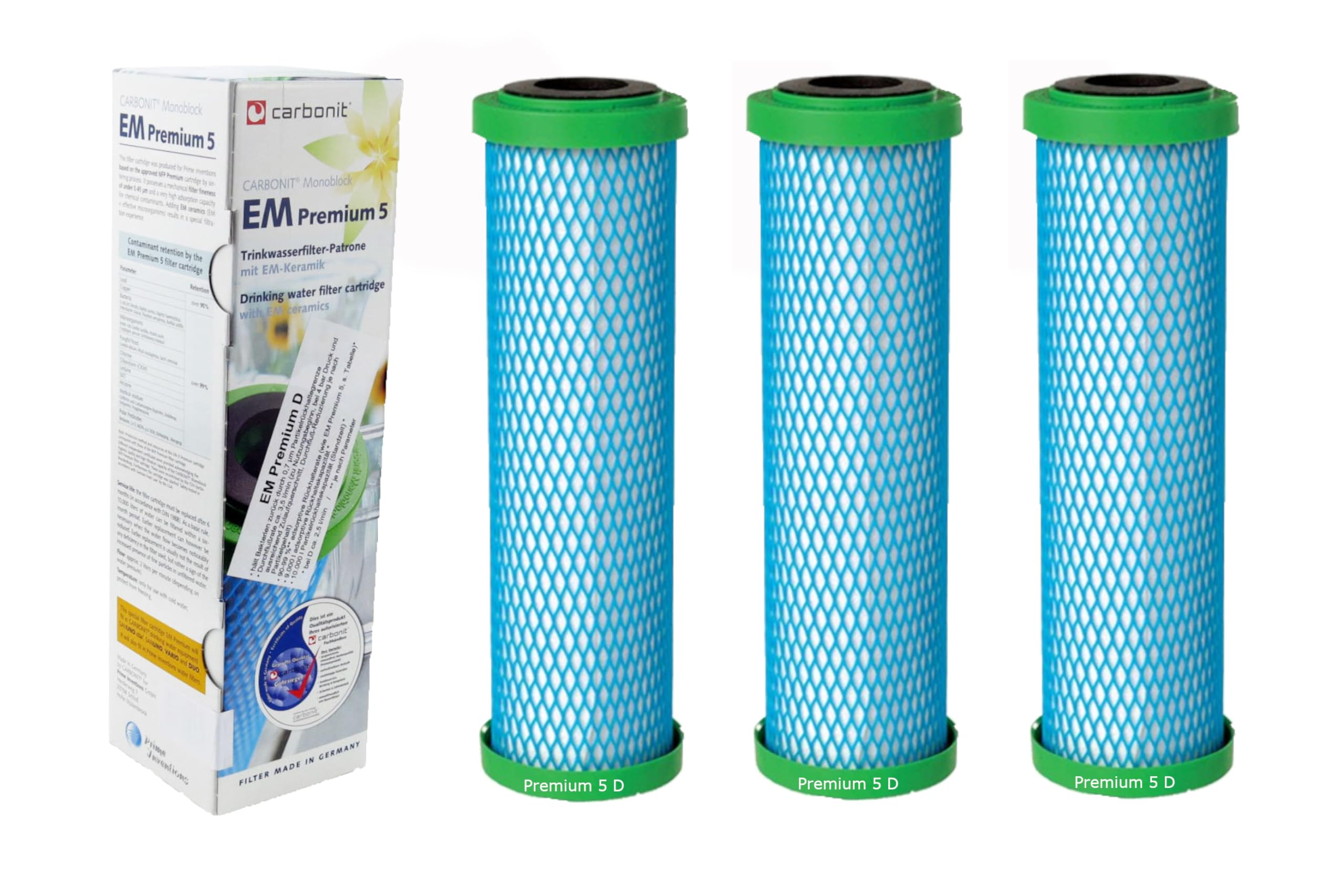 Prime Inventions 3x Wasserfilter EM Premium 5 D für Sanuno Vario-HP Duo | Ersatzfilter Set mit EM-Keramik zur Vitalisierung, filtert Chlor & Blei bei hohem Durchfluss, Made in Germany by Carbonit