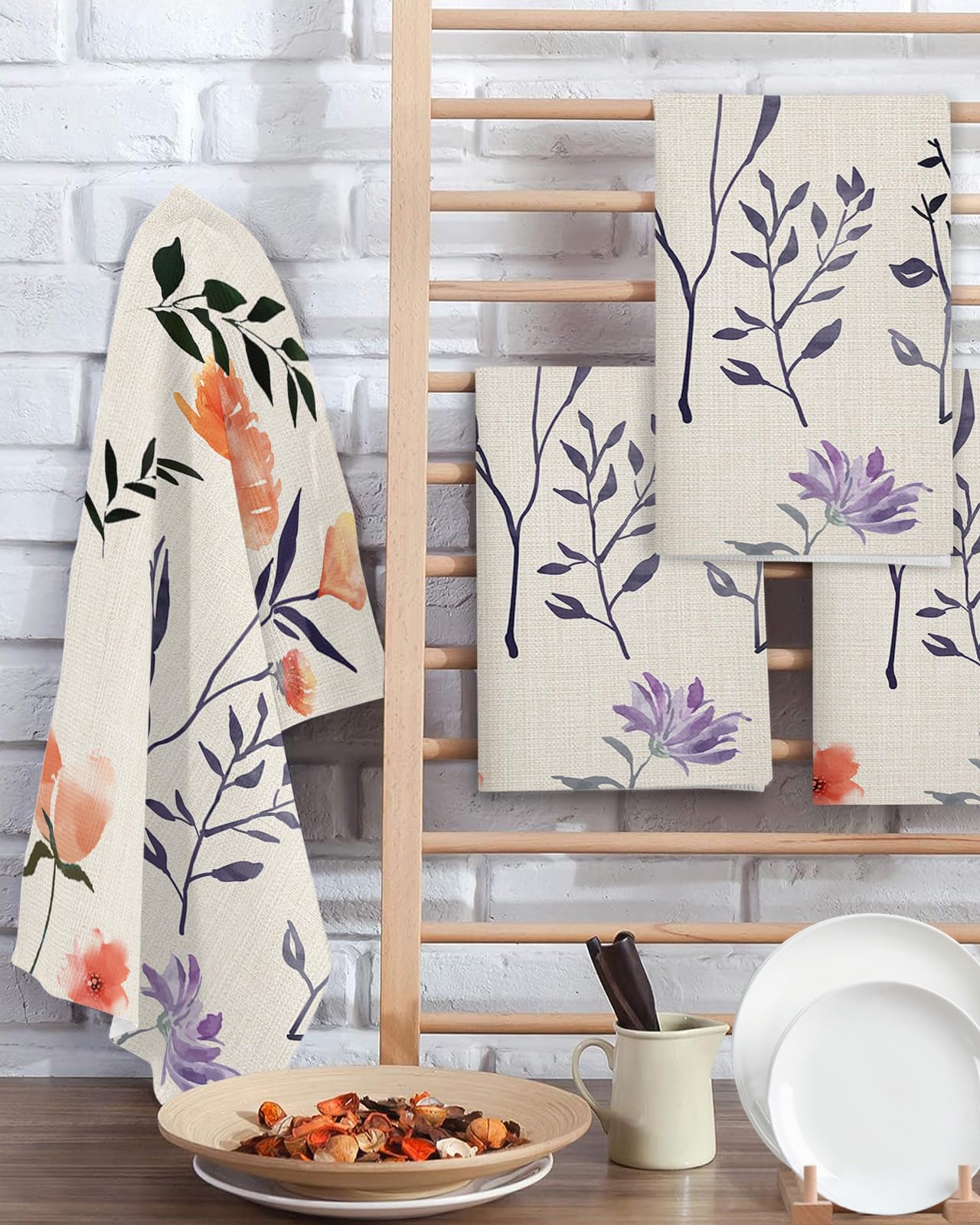 Farmhouse Floral Hand Towels Set,Waffle Weave Kitchen Towels 4 Pieces,Microfiber Hair Face Bath Tea Towel Absorbent Quick Drying Cleaning Dish Cloths,Botanical Flower Leaves 15.7