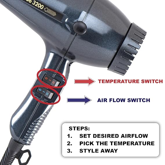 Turbo Power Twin Turbo 3200 Black Hair Dryer + M Hair Designs Hot Blow Attachment (Bundle) Professional High-Speed Dryer for Smooth & Fast Drying