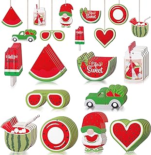 50 Pcs Watermelon Wooden Hanging Ornament Summer Wood Gift Tags Gnome Watermelon Decor Summer Tree Ornaments Luau Hanging Decorations Wooden Slices with Rope for Home Hawaiian Tropical Beach Party