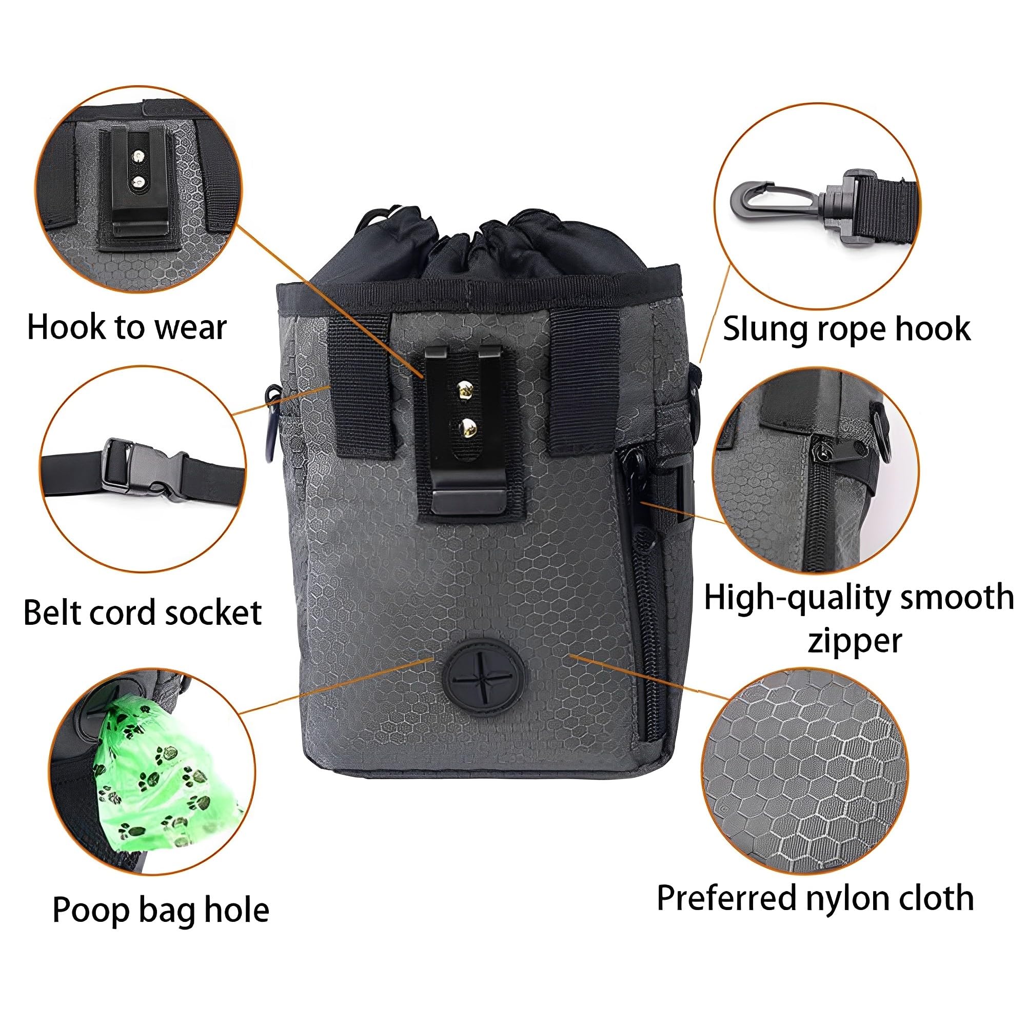 Bolsa Bocadillos para Pasear Perros al Aire Libre, Impermeable Bolsa Agua Extraíble, Bolsa de Golosinas para Perros Portátil, 3 Métodos Uso, 1 Rollo Bolsa Basura y 1 dispensador Bolsa Inodoros