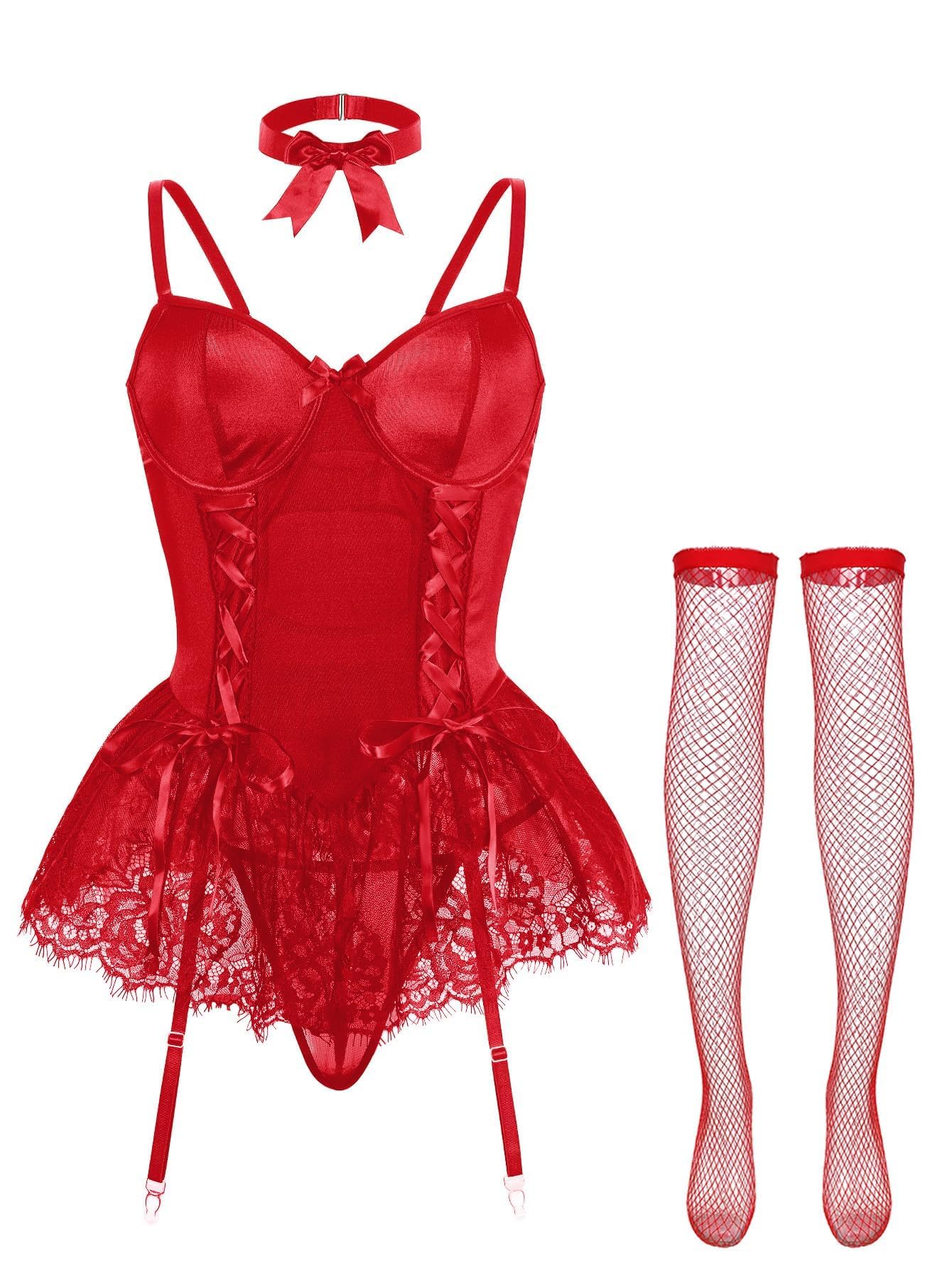 Sexy outfit Seksowny gorset typu choker z fiszbinami, koronkowa przezroczysta podwiązka pończochy komplet bielizny Babydoll ze stringami 4-częściowe stroje