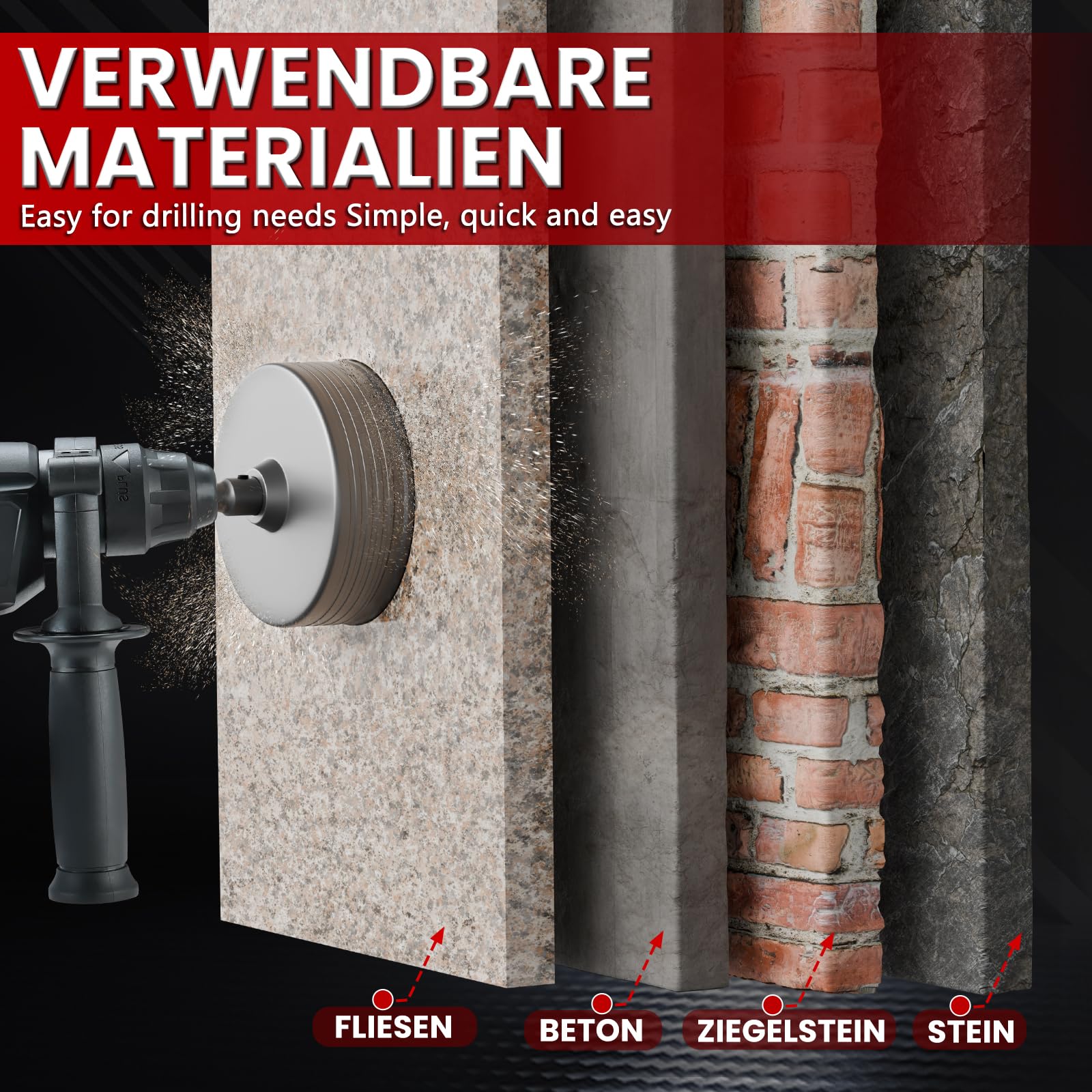 CSOOM Otwornica do betonu 115 mm z przedłużeniem SDS-Plus 220 mm, zestaw otwornic do betonu, 4 x wiertło centrujące 8 x 110 mm, końcówka z twardego metalu, 2 x wiertło centrujące