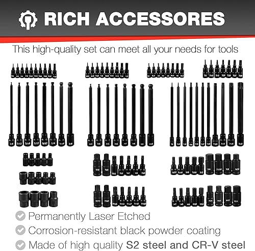 Miniatura 3 de EACELIY Juego de 107 piezas de dados de broca, 14 pulgadas, 38 y 12 pulgadas, TorxTorx extra largoa prueba de manipulaciones, hexagonal de extremo