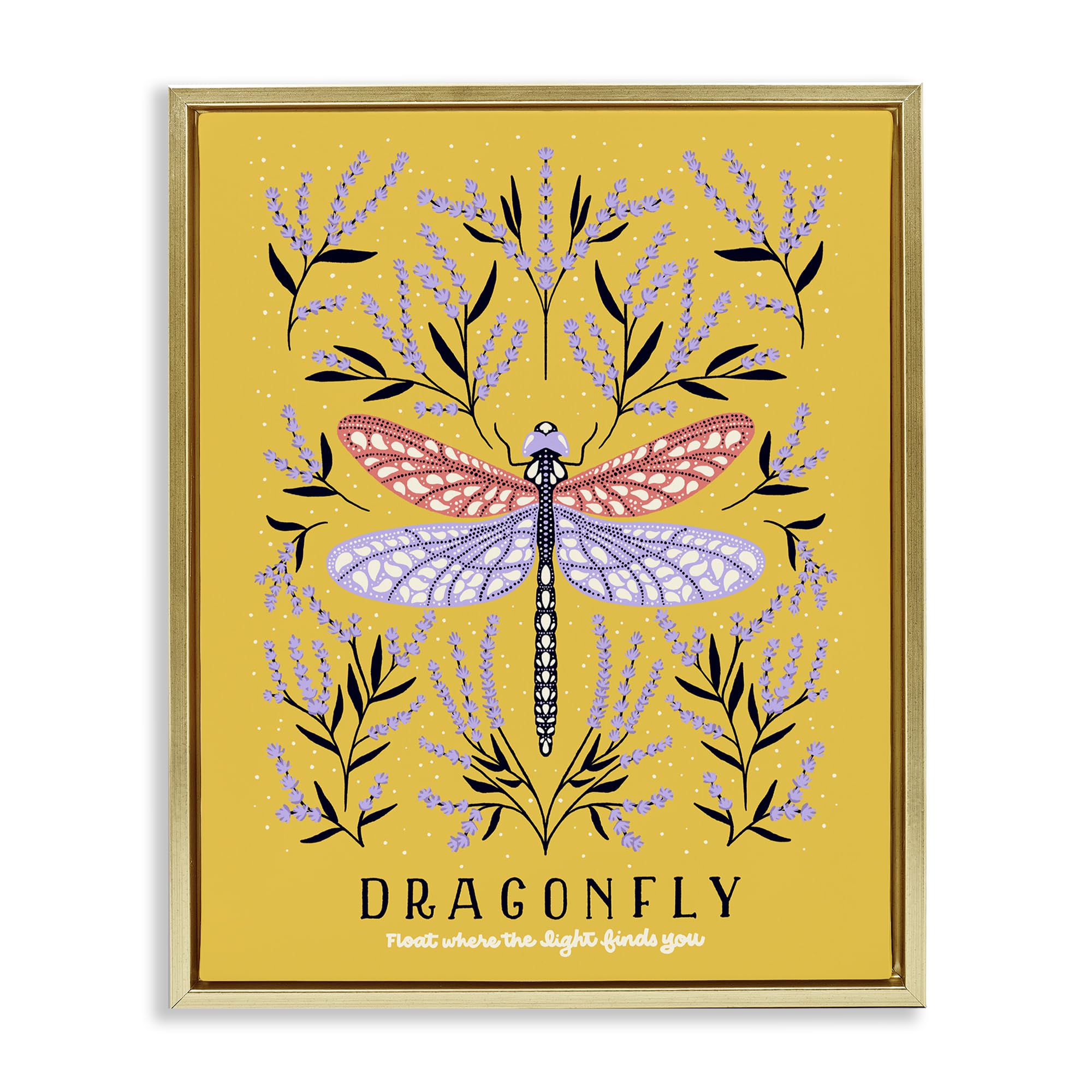 Stupell Industries Metallic Gold (Matte) 'Dragonfly Symmetry On Yellow'| Floating Frame Canvas Art