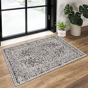 KUTA Vintage Small Area Rug 2x3 Tan Grey Washable Vintage Entryway Rugs Non-Slip Ultra Soft Floral Doormat Printed Retro Distressed Carpet Accent Farmhouse Kitchen Throw