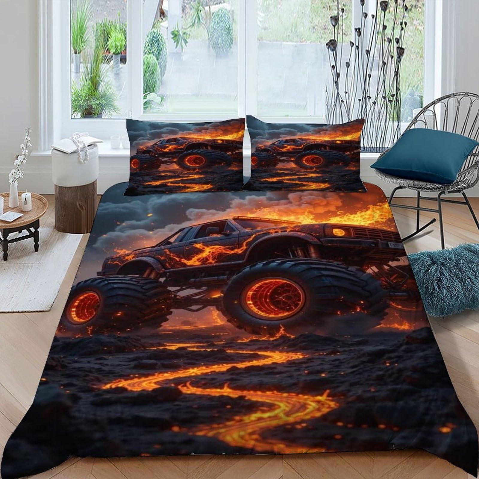 Housse de couette Monster Truck style sport déco chambre garçon lit 2 personnes parure flamme 3D