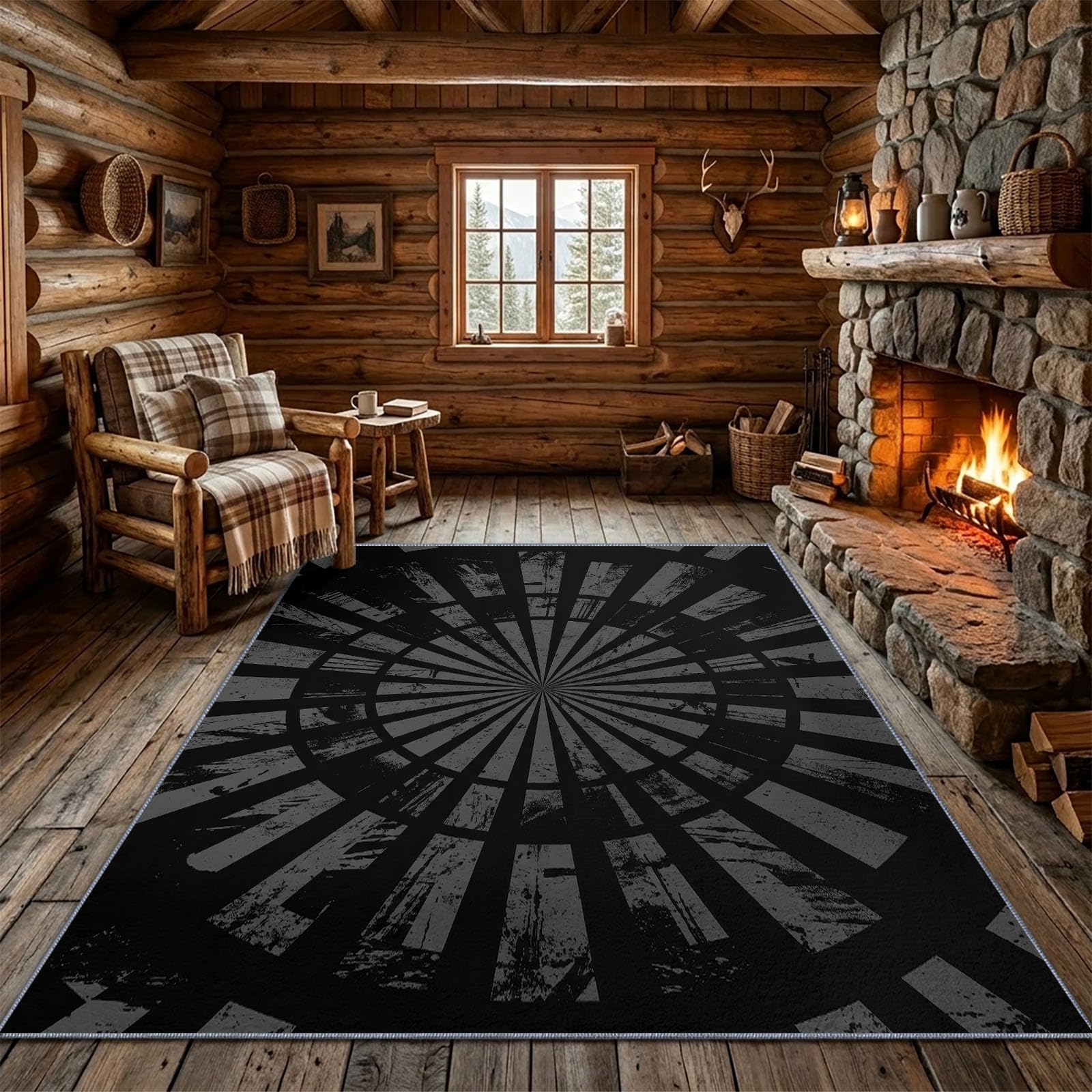 Noir Tapis Salon 140 x 200 cm, Minimaliste Lavable en Machine Tapis | Chambre Antidérapant, Abstrait Anneau Motif Rayonnant Tapise Bureau Salle a Manger, Doux Poil Ras Rug, Cuisine