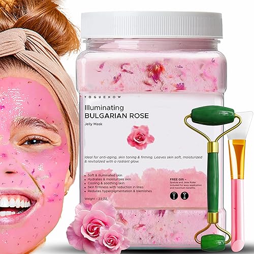 Mascarilla facial de gelatina para faciales Rosa búlgara hidratante, iluminadora y nutritiva con rodillo de jade gratis y espátula Máscaras