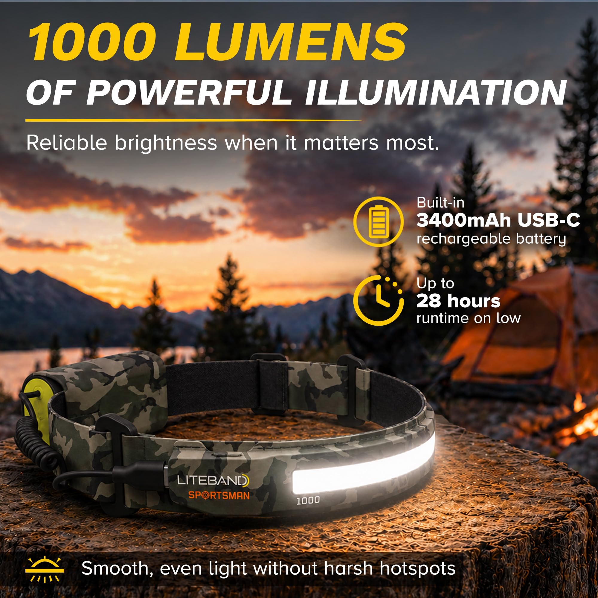 Liteband PRO - Linterna frontal LED de 1000 lúmenes, súper brillante, funciona con pilas, recargables, tácticos, para camping, correr, casco duro, linterna de frente manos libres, camuflaje