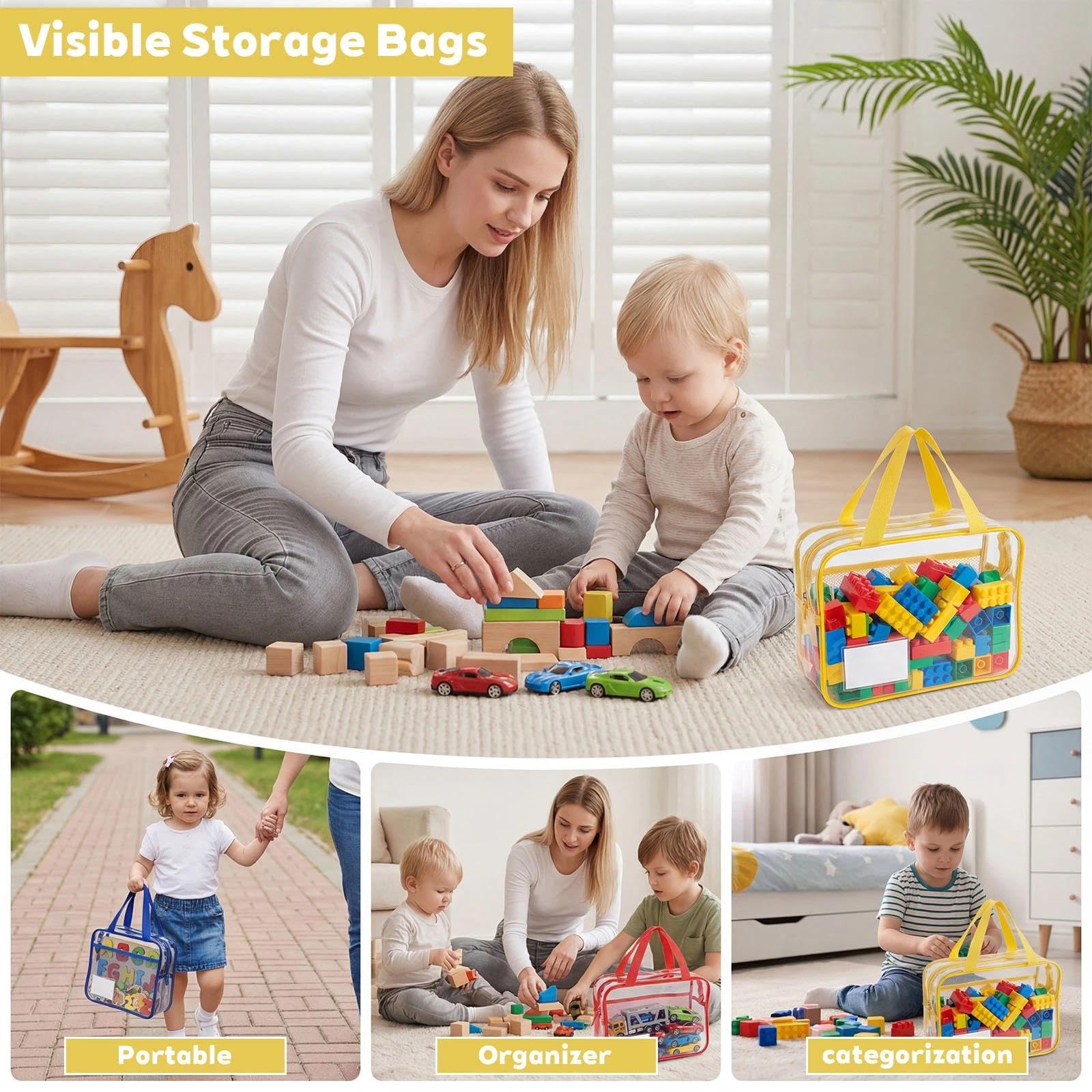 6 Stück Spielzeug-Aufbewahrungstaschen, transparente Aufbewahrungsbeutel für Spielzeug, wiederverwendbar, wasserdicht, Spielzeugtasche, mit Griffen, PVC-Organisationshilfe (3 Farben)