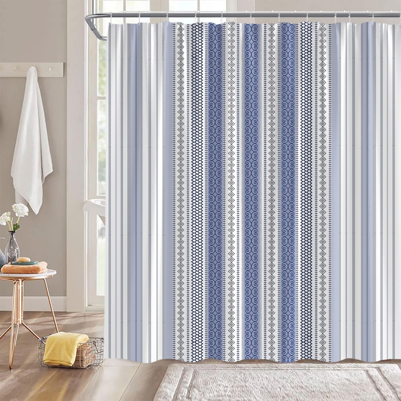 Jimuzi Western Aztec Linen Shower Curtain - Colorful Geometric Stripes, Waterproof, 71x71 Inches With Hooks - View #10