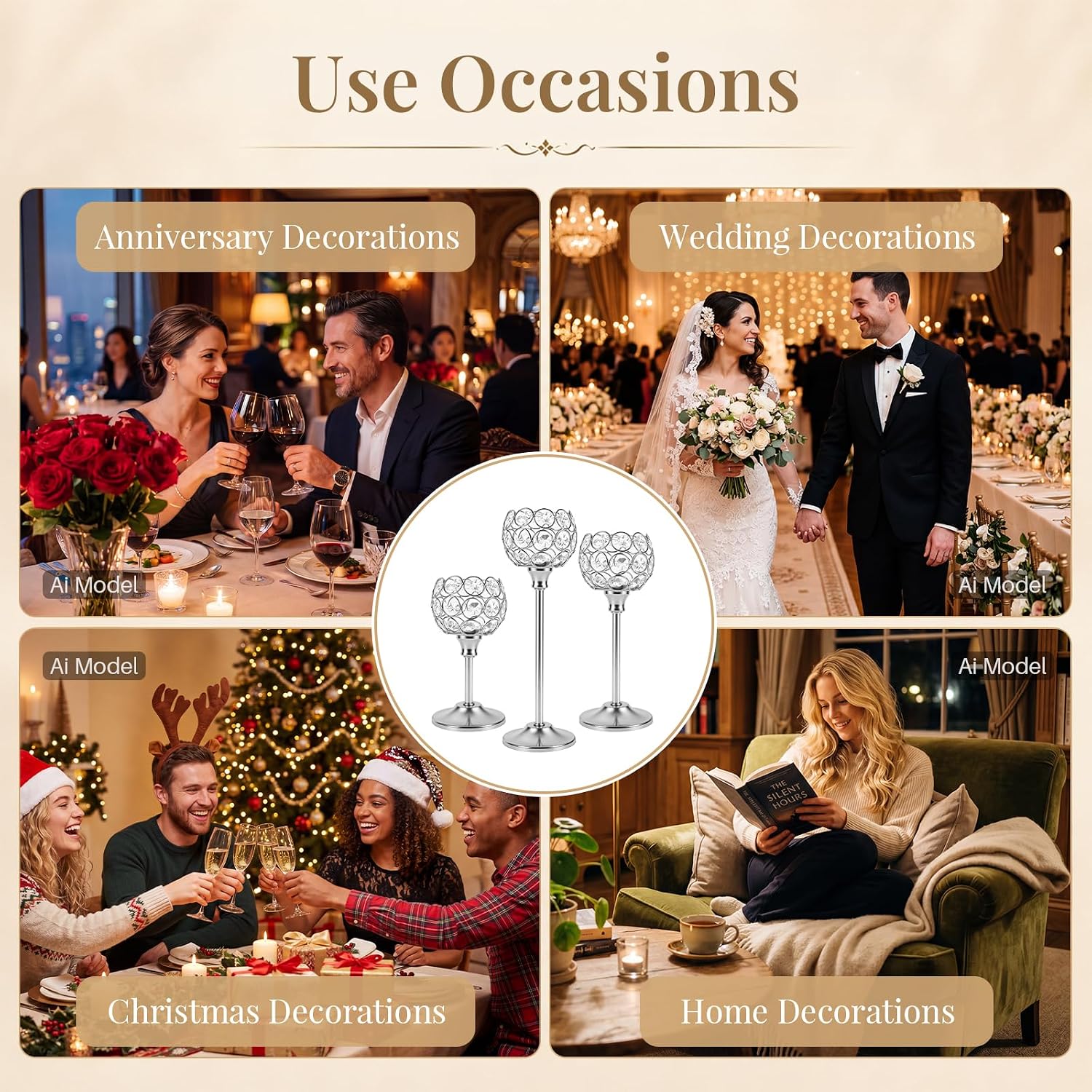 Crystal Candle Holders Silver Vintage Hollow Ball Candle Stand 3PCS