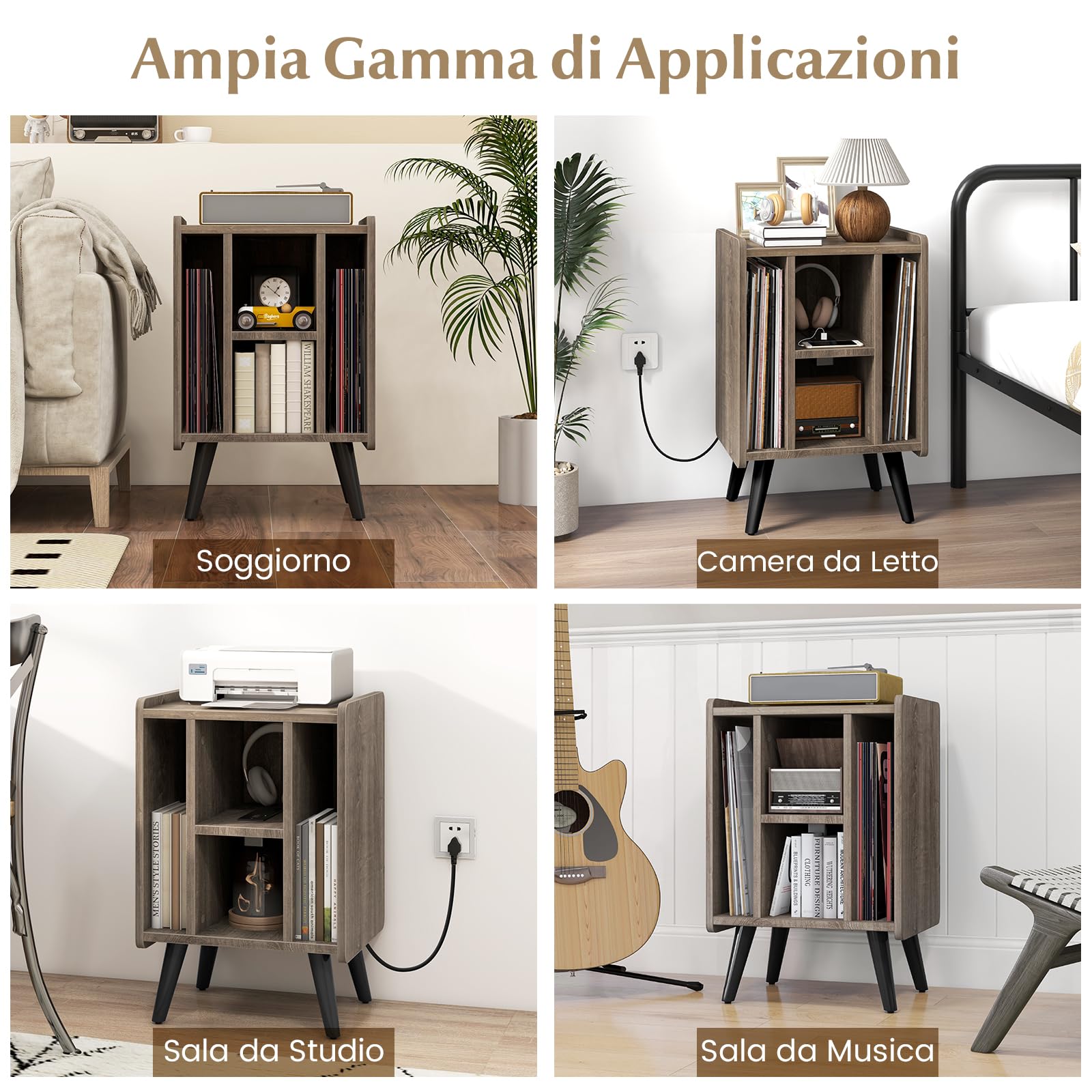 RELAX4LIFE Supporto per Giradischi con Stazione di Ricarica, Porta Vinili con 4 Scomparti Aperti, Espositore per Dischi, Carico Max 90kg per Ufficio, Studio, Camera da Letto