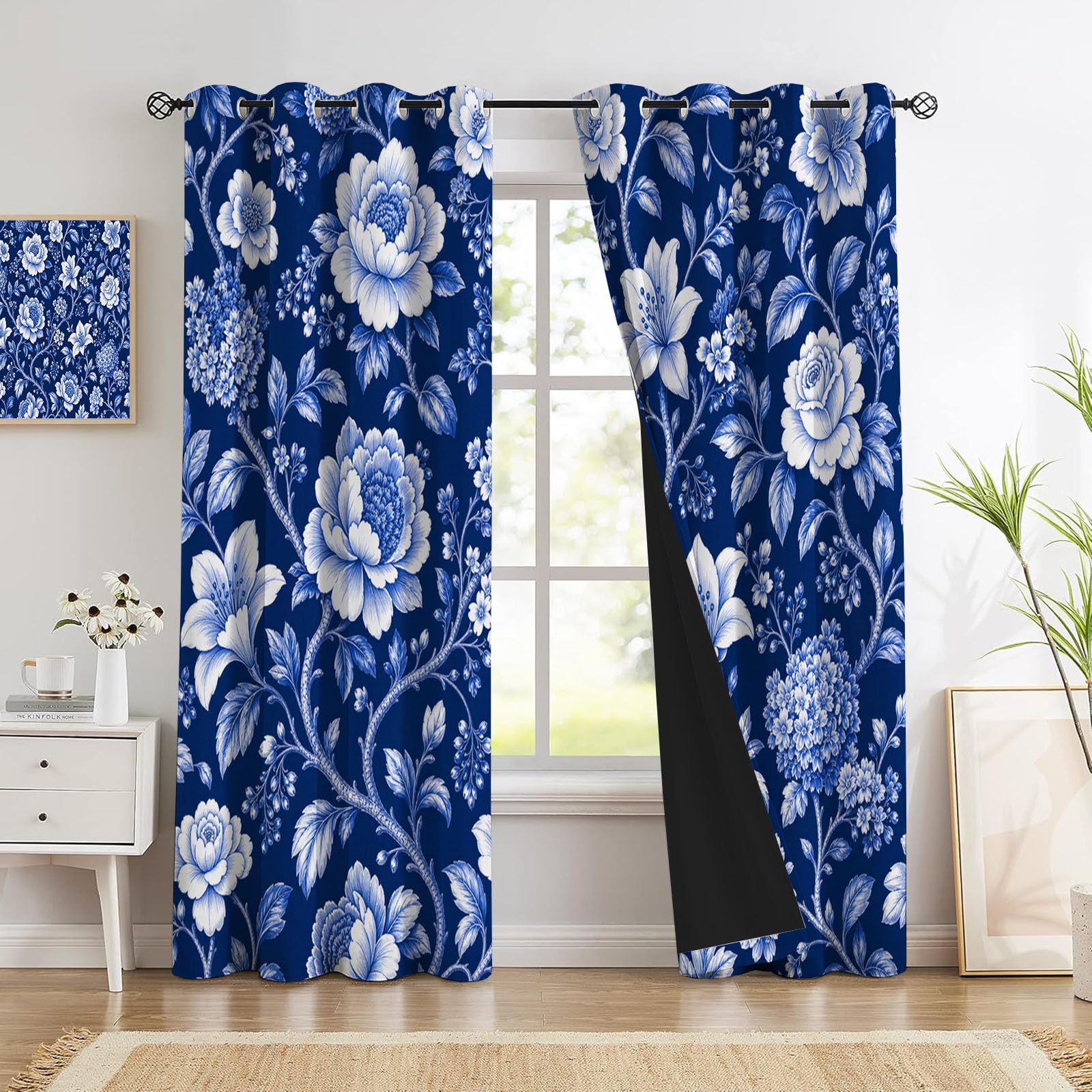Draperie opaque imprimé porcelaine 140x260cm au tombé lourd et élégant