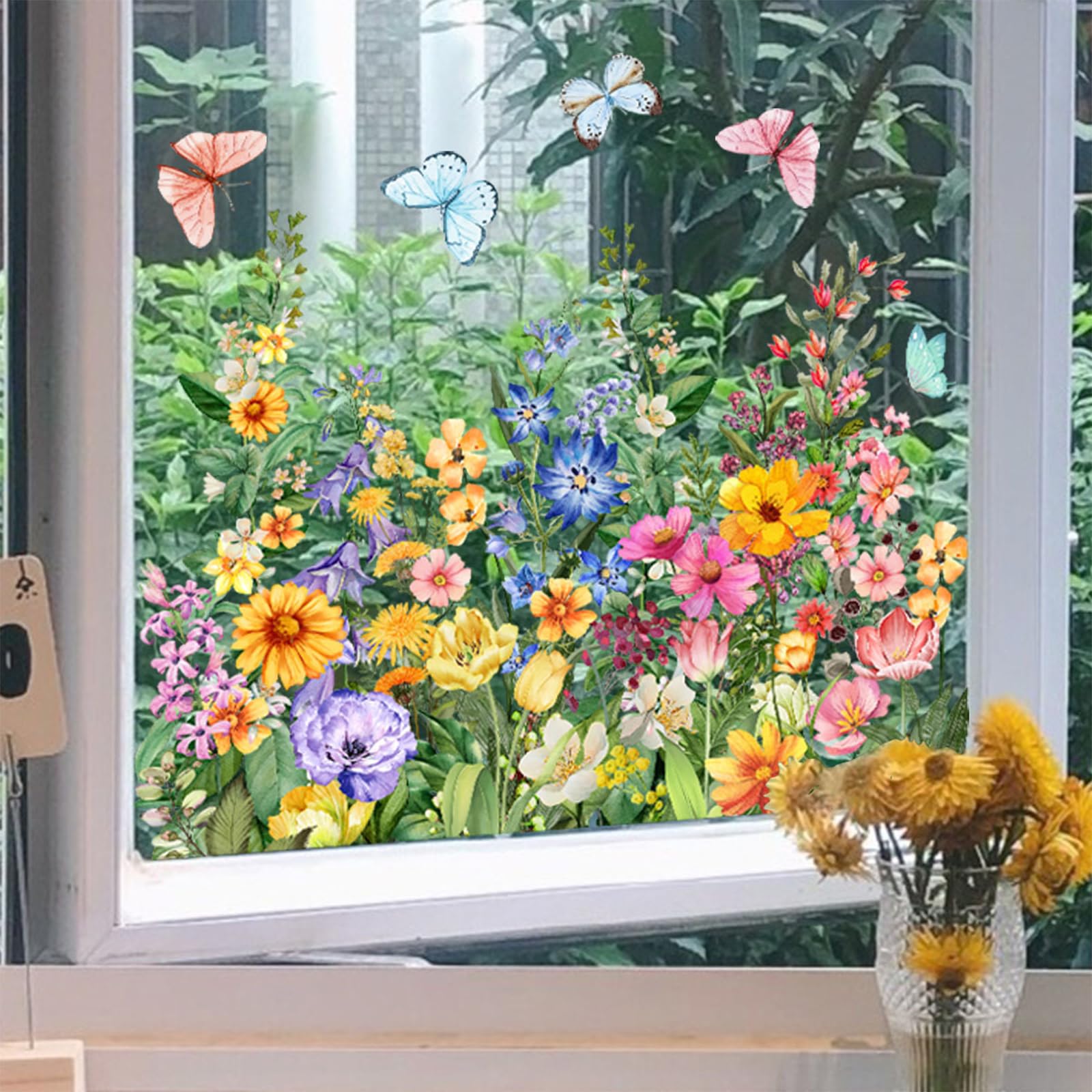 Colorful Floral Bouquet Window Sticker, Flower Window Clings for Glass Windows, Cut to Size Freely Windows Wall Sticker, Floral Window Sticker Double Sided for Home Office Decor (A1-30 * 40cm)