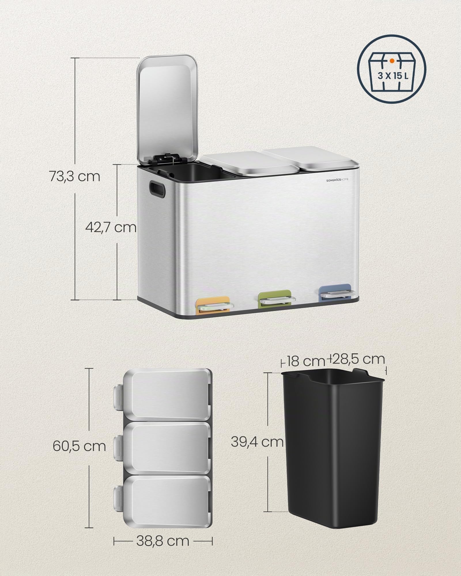 SONGMICS HOME Poubelle Triple de Cuisine, Poubelle Recyclage 3 x 15 L avec Pédales Couleur, Système de Séparation Déchets, avec Couvercles et Seaux Intérieurs, Acier, Argent Métallique LTB740E45V1