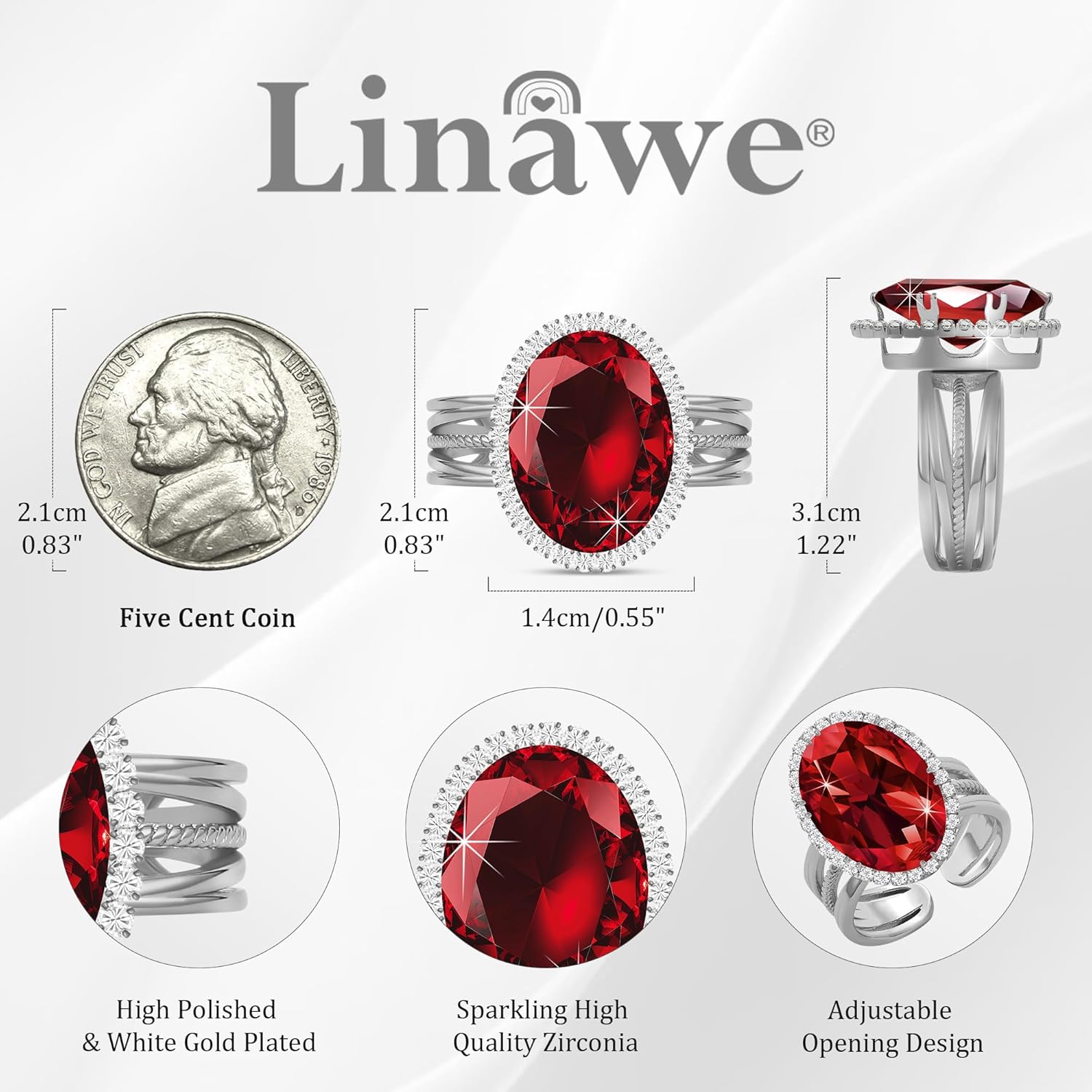 Linawe Birthstone Chunky Adjustable Rings for Women, Gold/Silver/Rose Gold Statement Rings, Imitation Diamond Fake Gemstone Crystal Cocktail Ring, Cubic Zirconia Costume Jewelry - Image 4