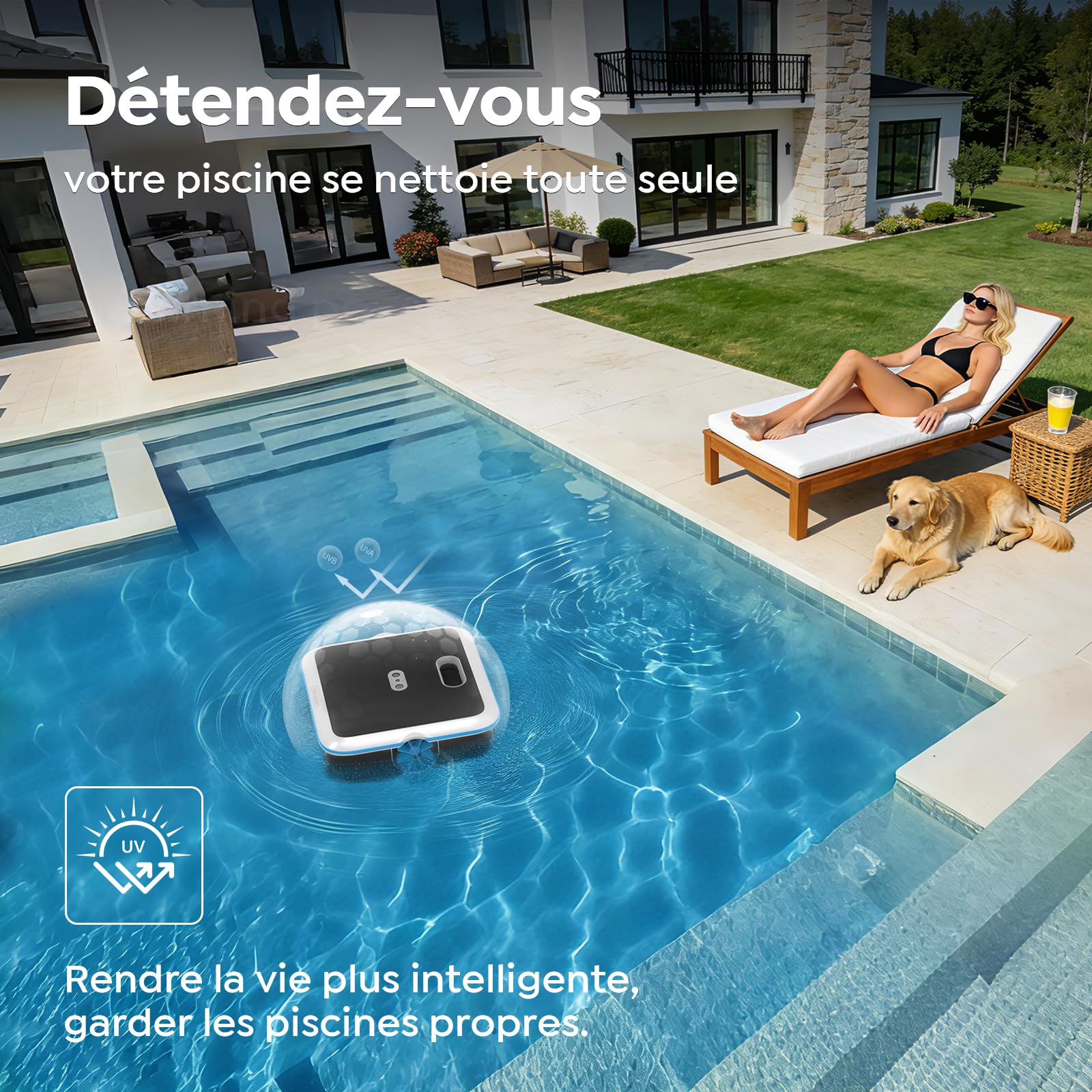 SK02 Robot Skimmer Solaire de Piscine, Robot Piscine sans Fil, Double Recharge, Sonde de Température, Contrôle App, Skimmer Piscine Hors Sol Automatique 24/7