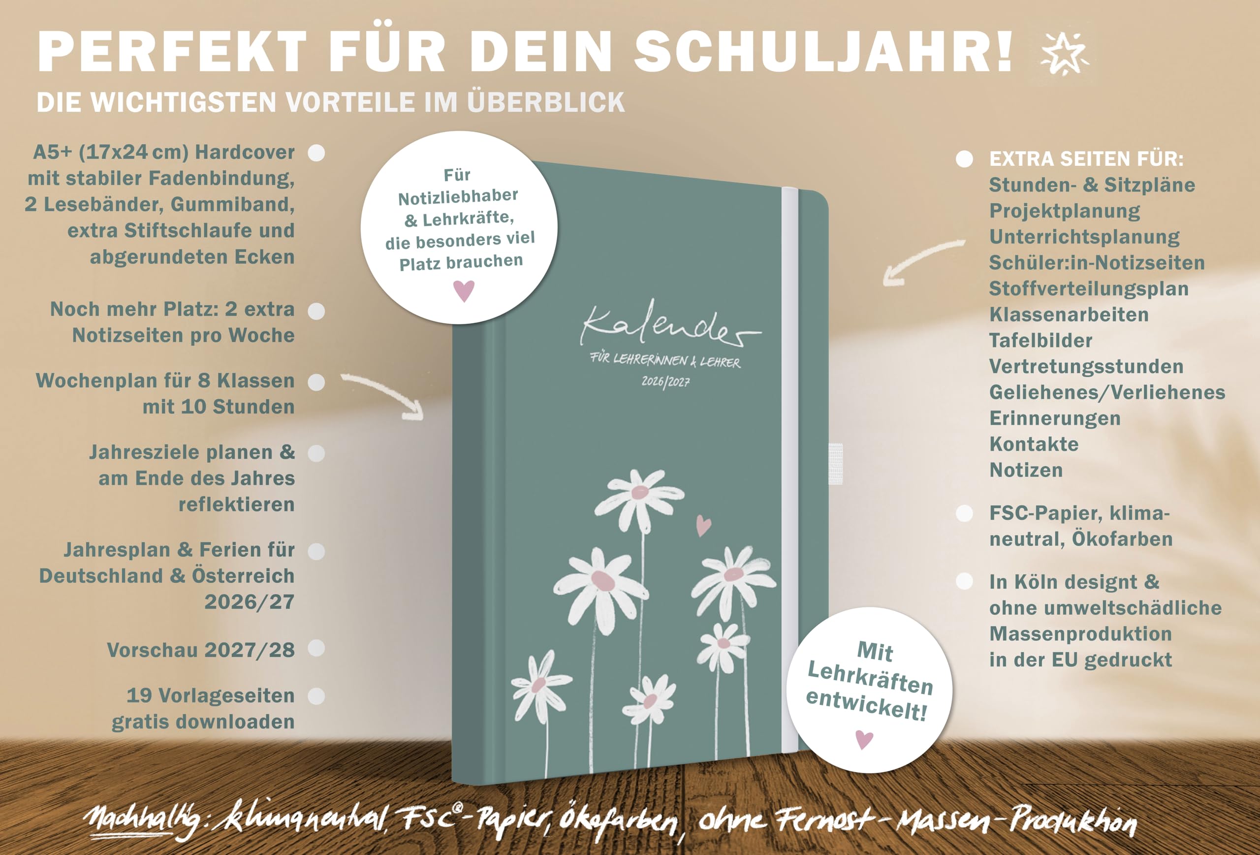 Eine der Guten Lehrerkalender 2026 2027, A5+ Lehrerplaner, 4 Seiten pro Woche, hochwertiger Hardcover Schulplaner für Schuljahr 26/27, mint weiß, 17x24 cm, klimaneutral