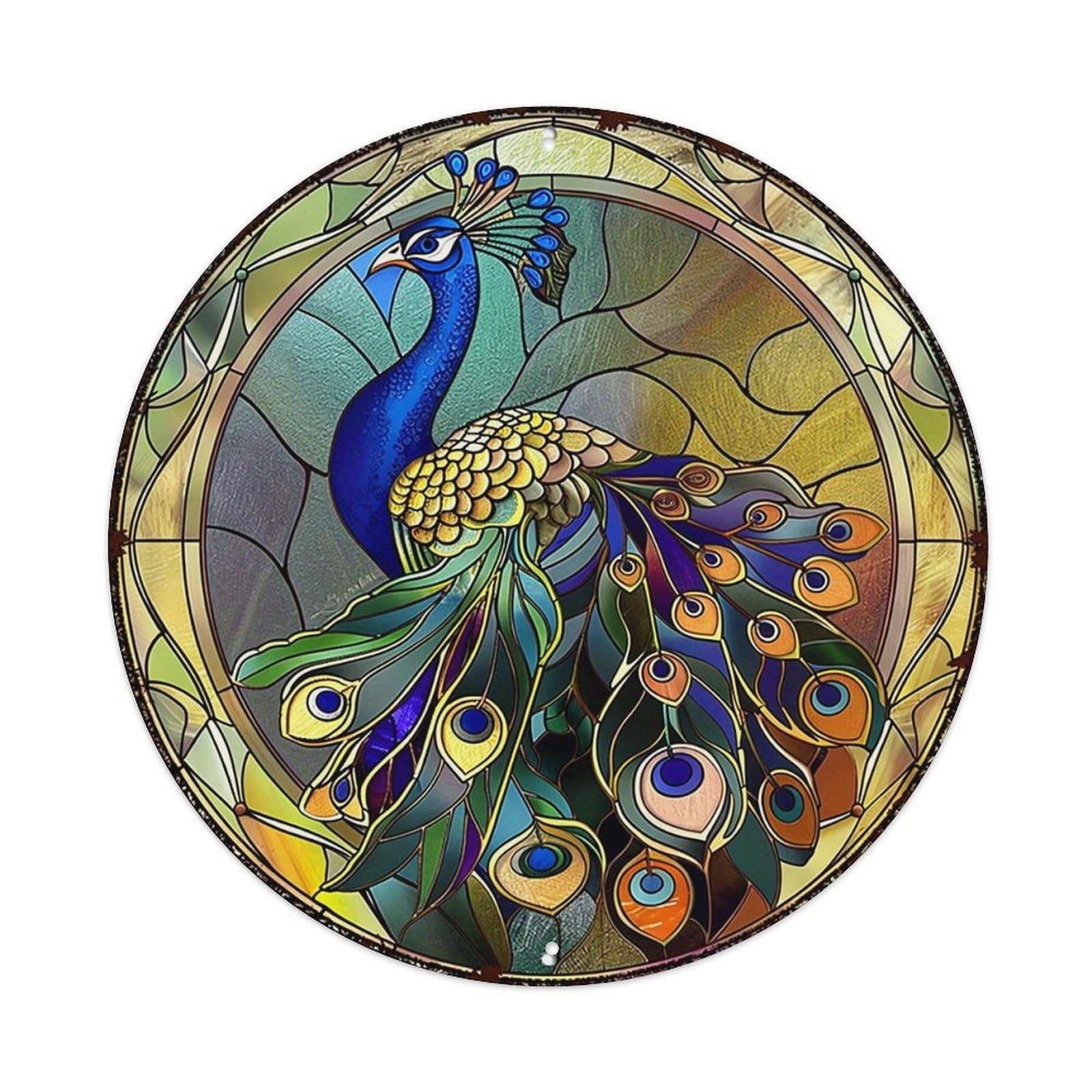 Stained Glass Peacock Art Print Retro Metal Tin Sign, Vintage Metal Poster for home, Gaming Room, Studio Workshop,Bar,Garage Wall Art Decor 8x8 inch