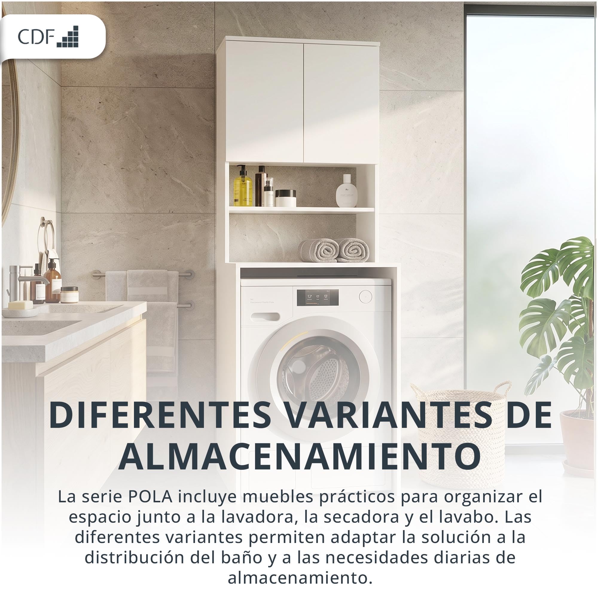 CDF Armario de baño poste para lavadora y detergentes - Estante de baño de lavandería - Muebles para accesorios de baño Medidas de limpieza funcional práctico - Ahorro de espacio - Campos Blancos