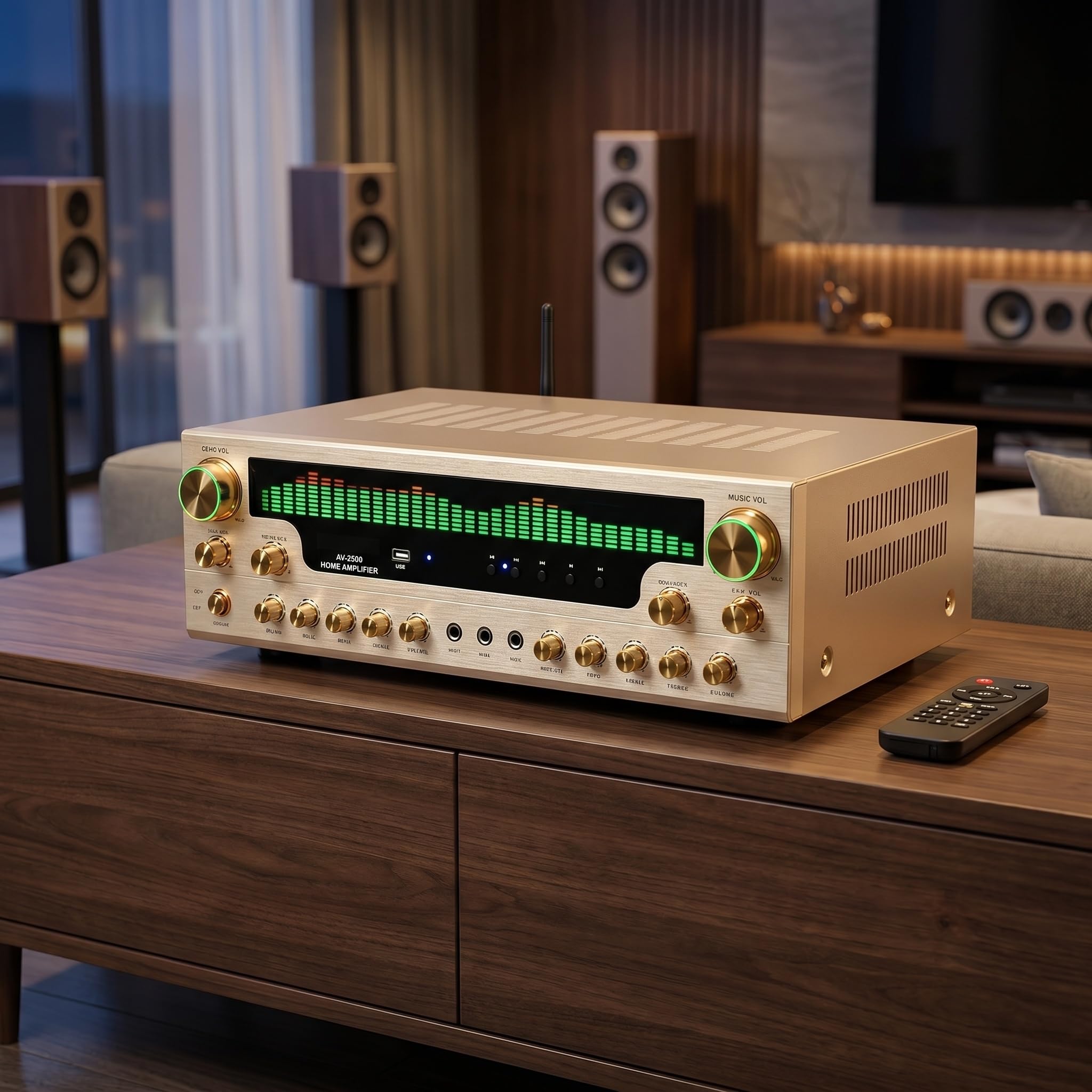 Receptor estéreo de 7.1 canales, amplificador de audio doméstico, con pantalla de espectro de 31 partes, reproducción Bluetooth 5.1/USB/entrada auxiliar/micrófono óptico/coaxial, con mando a