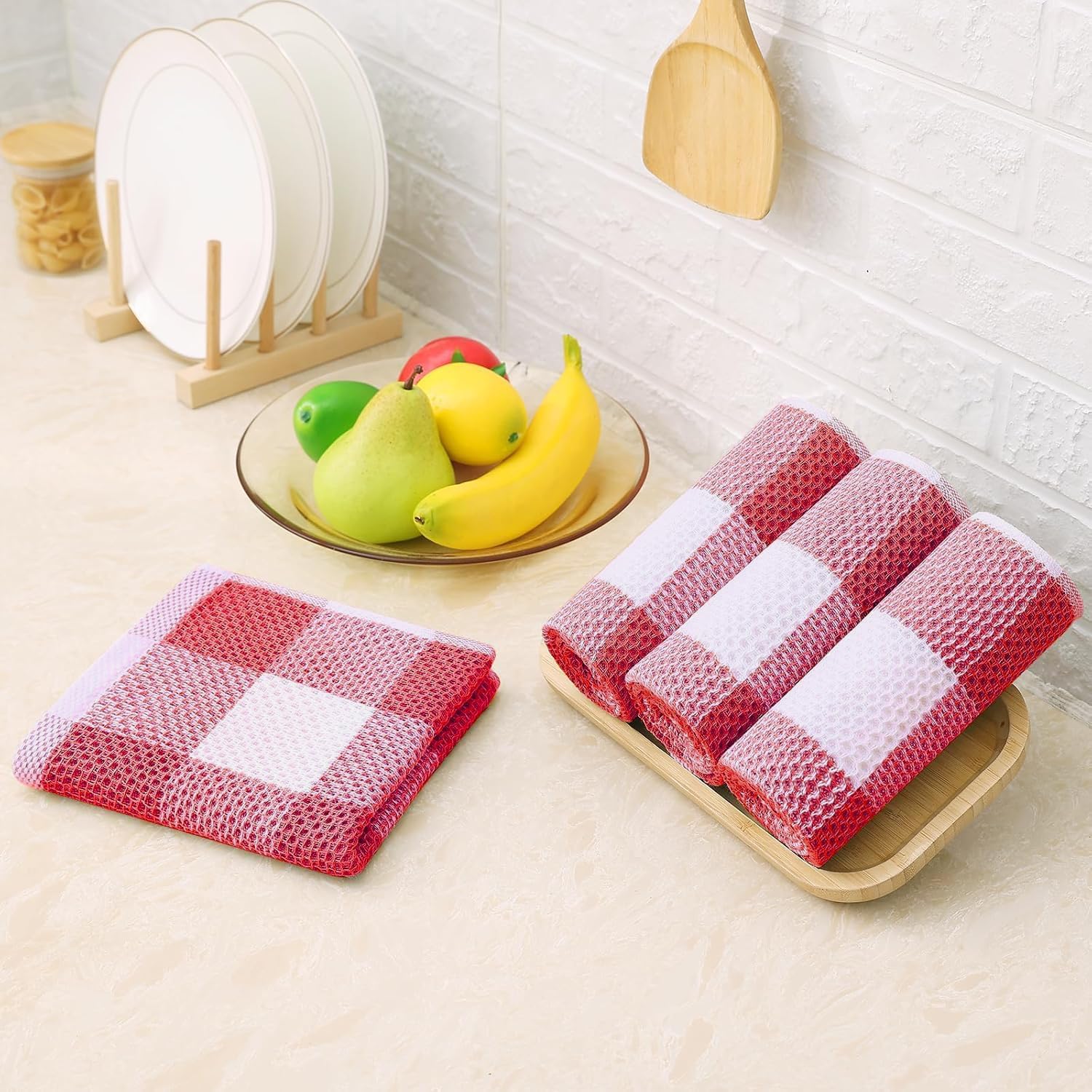 Homaxy Lot de 12 torchons de cuisine 100 % coton gaufré, super doux et absorbants, 30,5 x 30,5 x 71,1 cm, blanc et rouge