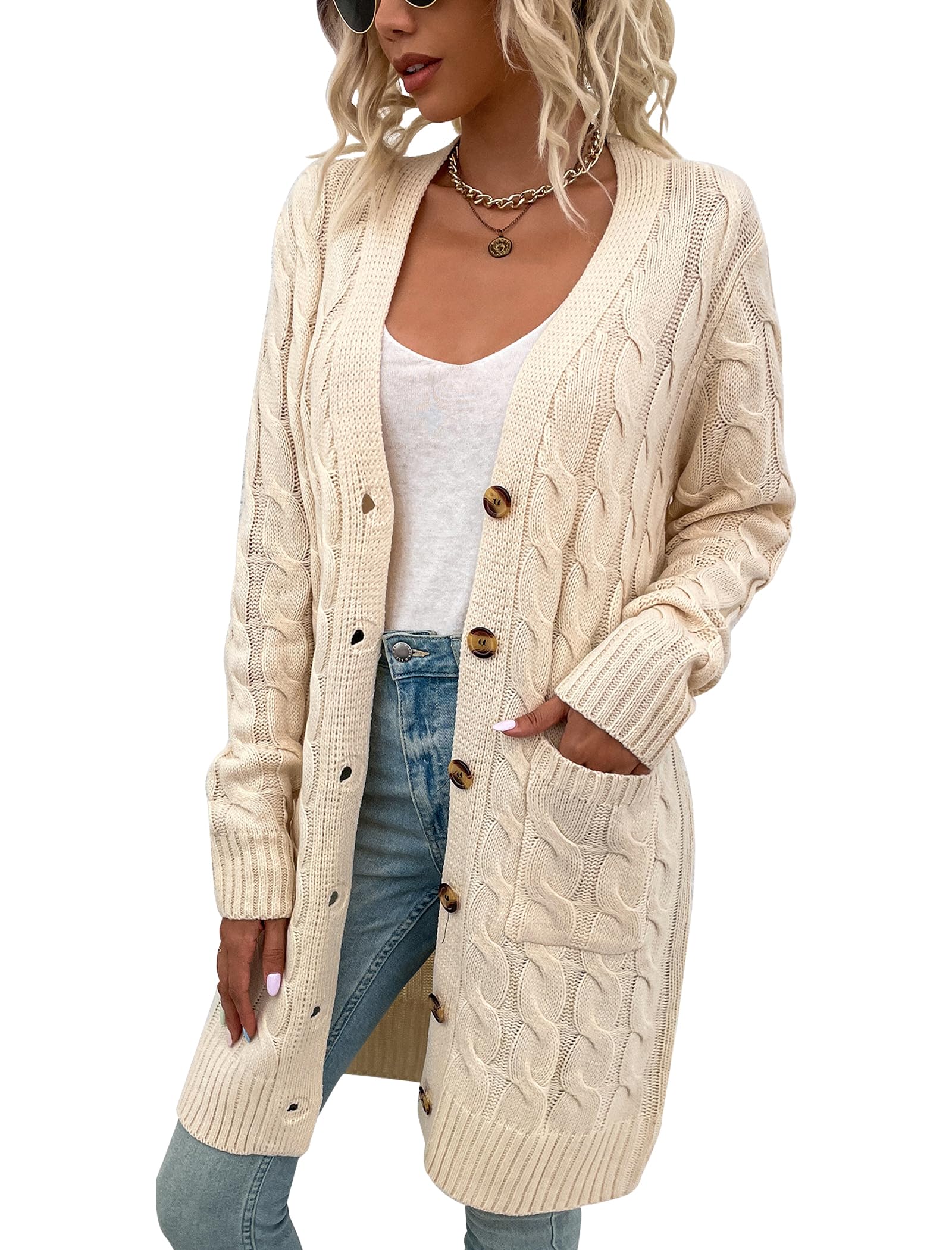 Womens Cardigan Long Sleeve Cable Knit Sweater Open Front Loose Outwear with Pocket