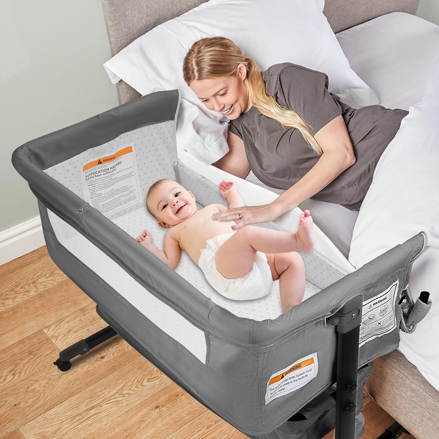 BIERUM Bassinet 4 in 1 - Bedside Bassinet for Baby, Height Adjustable Bassinet Bedside Crib with Lockable Wheels & Mosquito Nets, Large Storage Bag &
