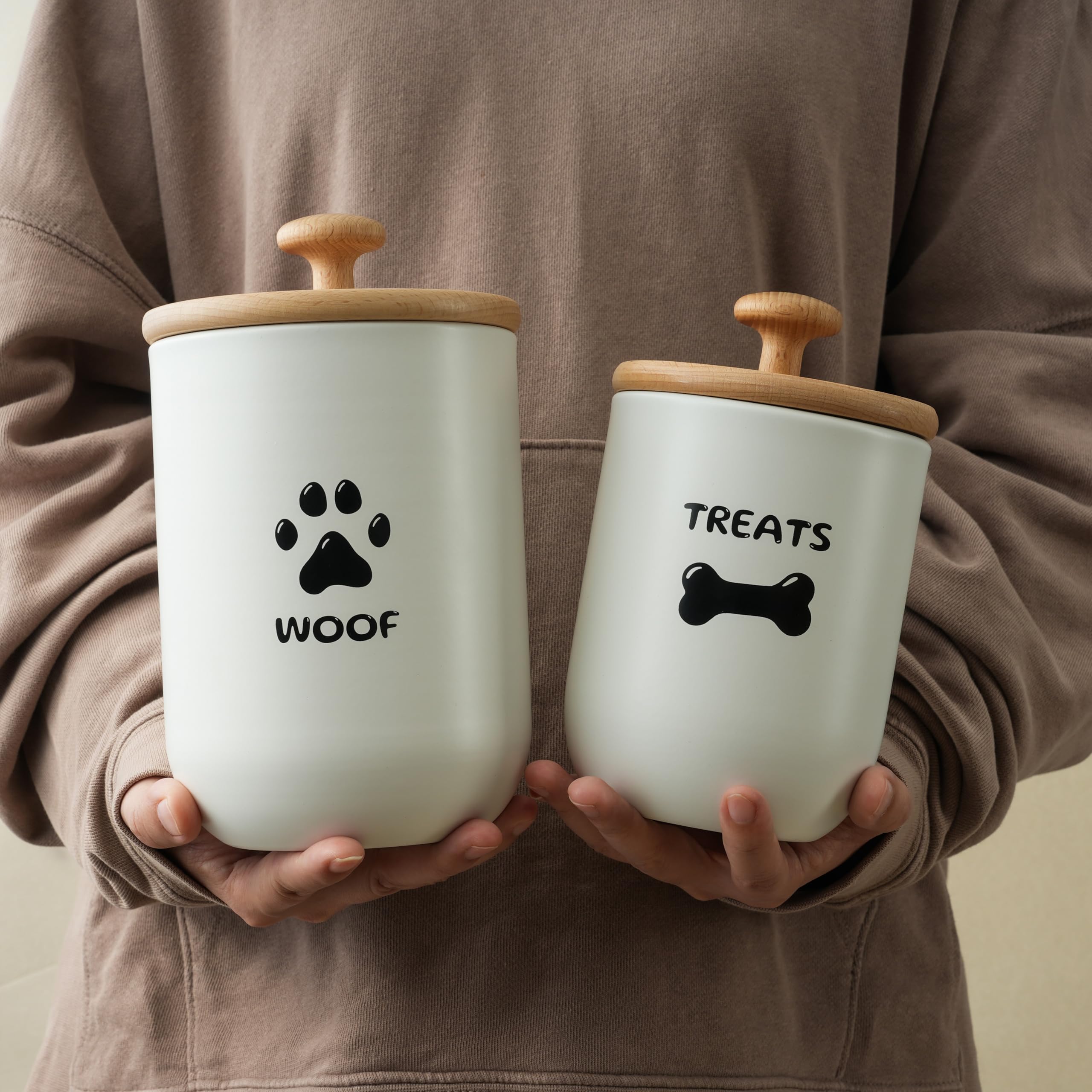 OTTENON Dog Treat Container Set of 2, Dog treat jar with Airtight Lid, Small dog food container, Dog Cookie Jar for kitchen Counter, Treats Canister, Pet Treat Container 8.3x4.9 & 7.1x4.3 (White)