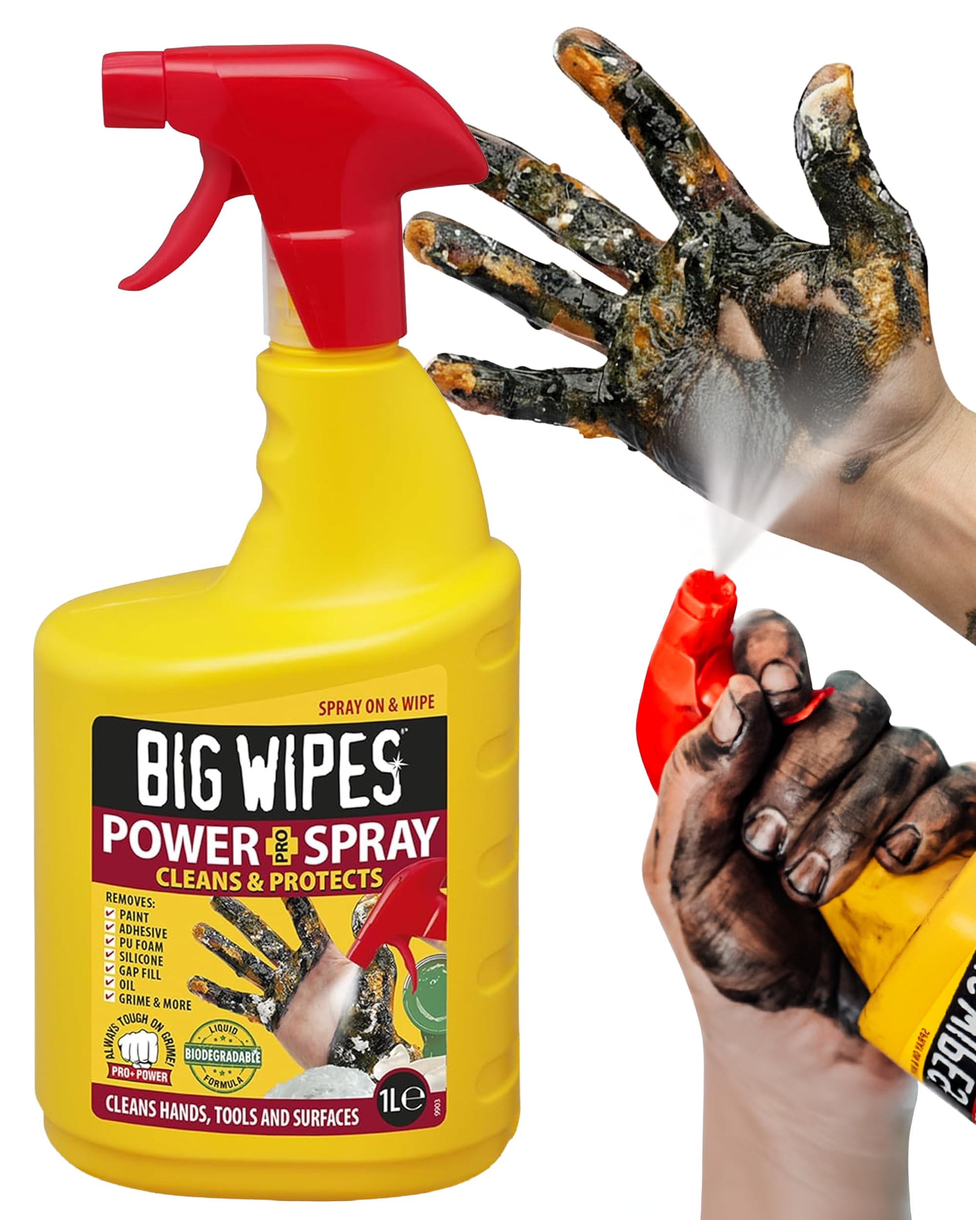 Big Wipes Power Spray - Degreaser Spray & Multipurpose Cleaner Spray for Hands, Tools & Surfaces - Degreaser Kitchen Heavy Duty Formula - Fast-Acting Grease, Oil & Dirt Surface Cleaner - 1L