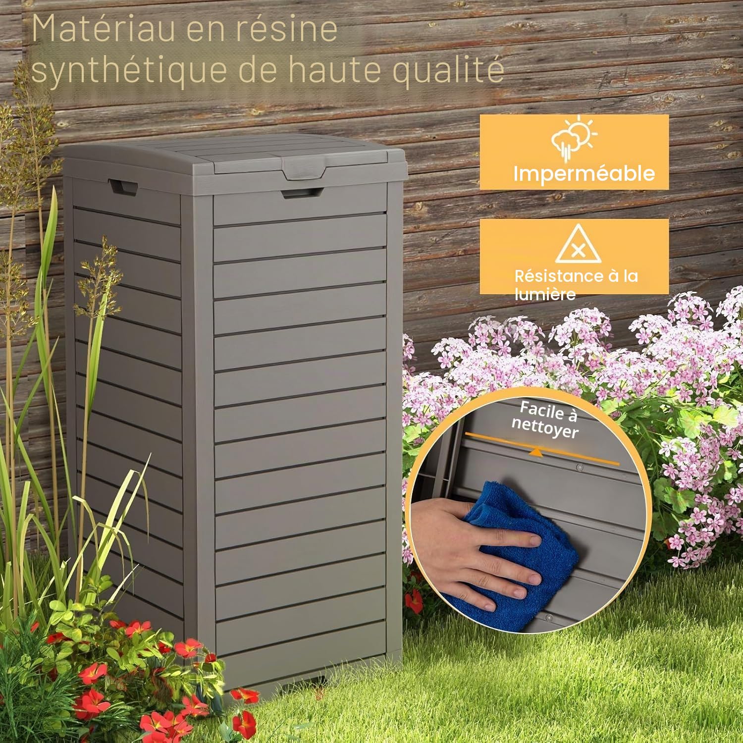 FANTASK Poubelle d'extérieur avec couvercle, bac à liquide extensible et poignée, 118 l, marron, poubelle étanche pour véranda, arrière-cour, terrasse