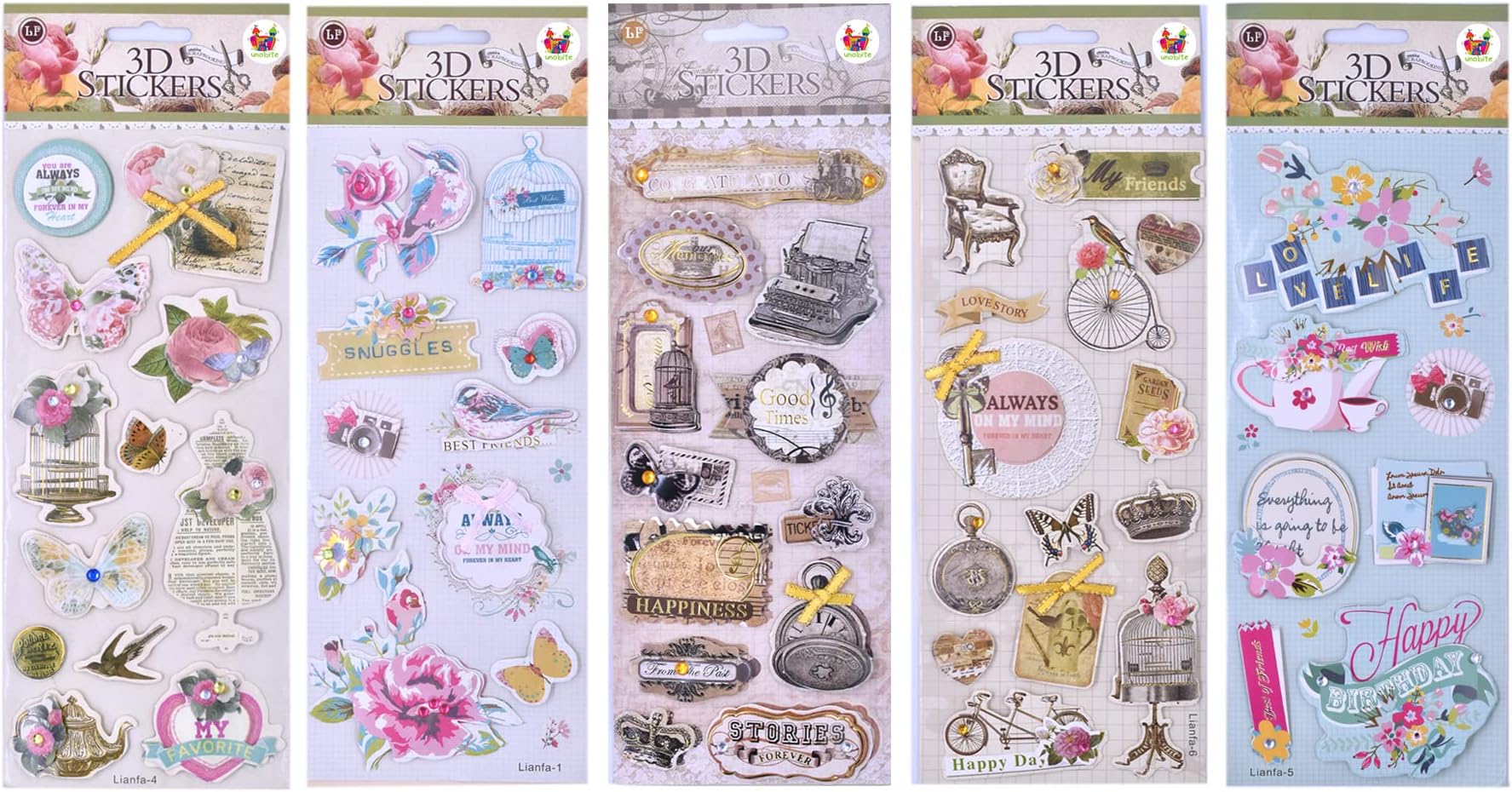 Unobite 5 Design 3D Self-Adhesive Deco Stickers for DIY Crafts, Scrapbooking, School Crafts, Decorations etc.(Pack of 5, Different Designs)