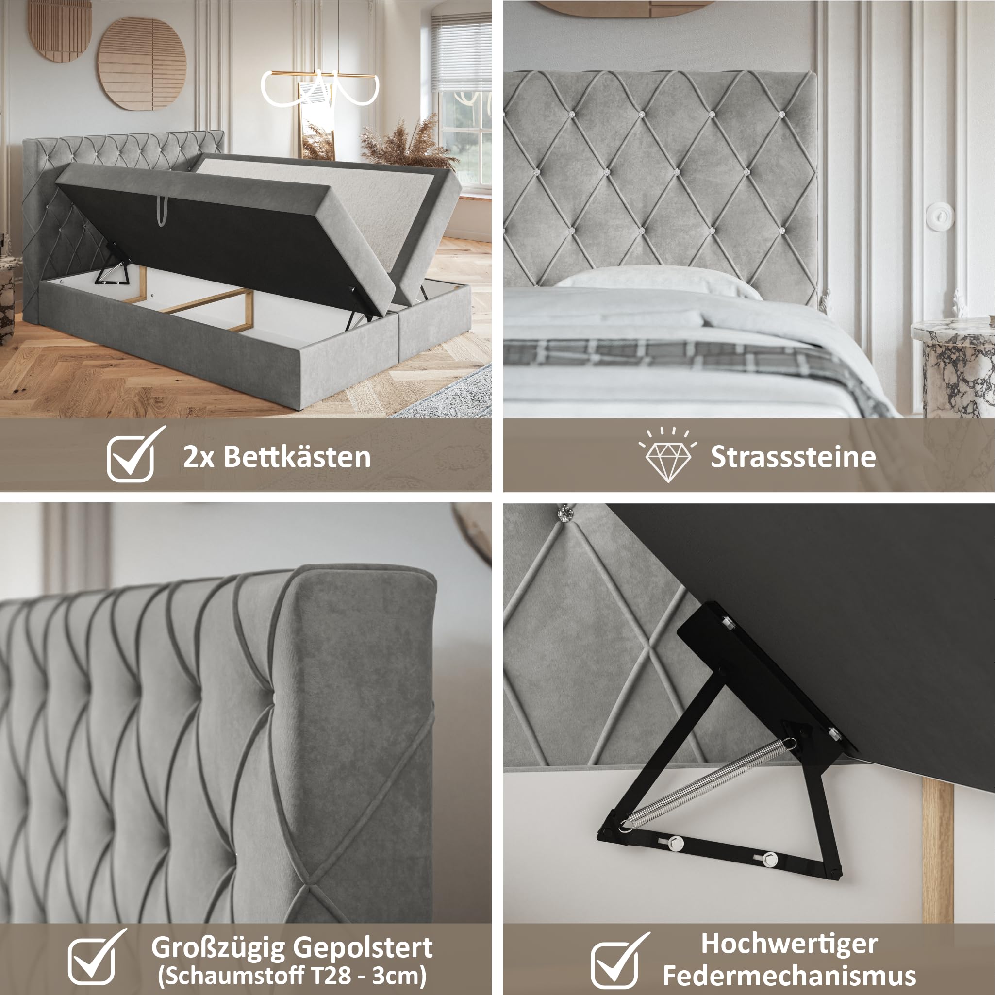 MOTIVENA Malta Boxspringbett 180x200 mit Bettkasten und Topper, Polsterbett 180x200 mit Bettkasten, Taschenfederkern-Matratze (H3), Visco Topper (H2), mit Strass, Samt, Grau (Hellgrau)