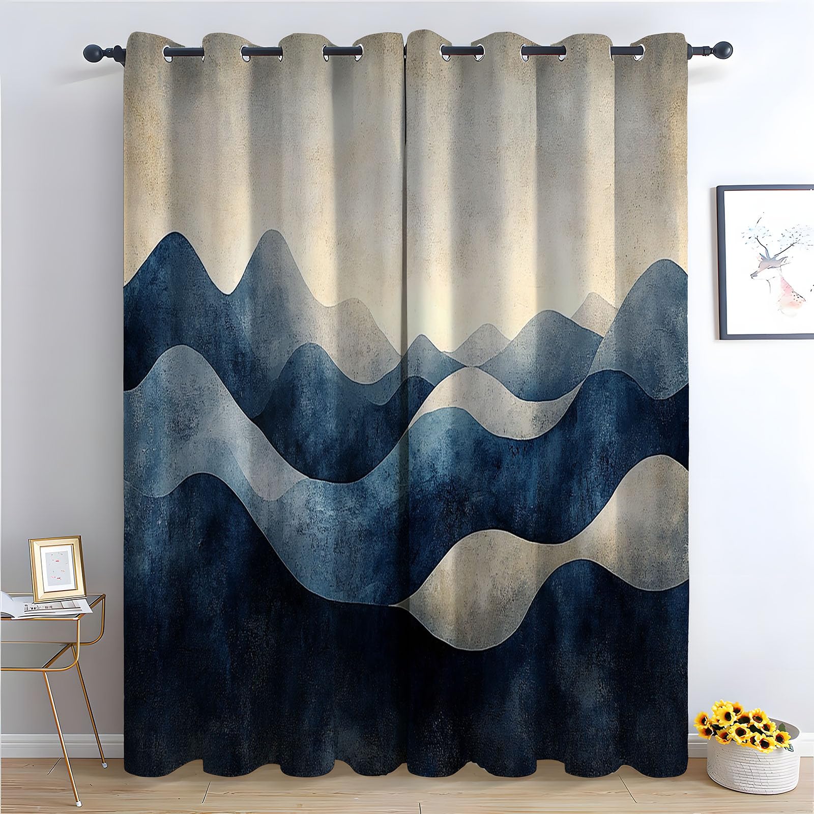 WQBQKKX Abstract Line Curtains Eyelet Soft Thermal Insulated Minimalist Textured Farmhouse Curtains Leaf Printed Eyelet Rustic Drapes Window Treatment-52 W x 84" L (Pack of 2)