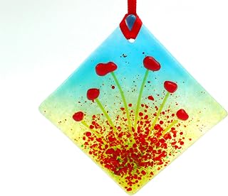 Poppies fused glass light catcher, diamond shaped, hanging decoration, new home gift, summer meadow, sun catcher, red flowers, mothers day