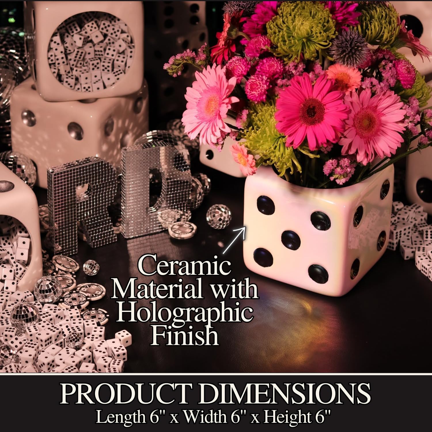 Iridescent White & Black Dice Vase, Maximalist Decor Large Ceramic Flower Vase for Desk, Shelf, Table, Bar Cart & Vanity - Unique, Funky, Trendy Design