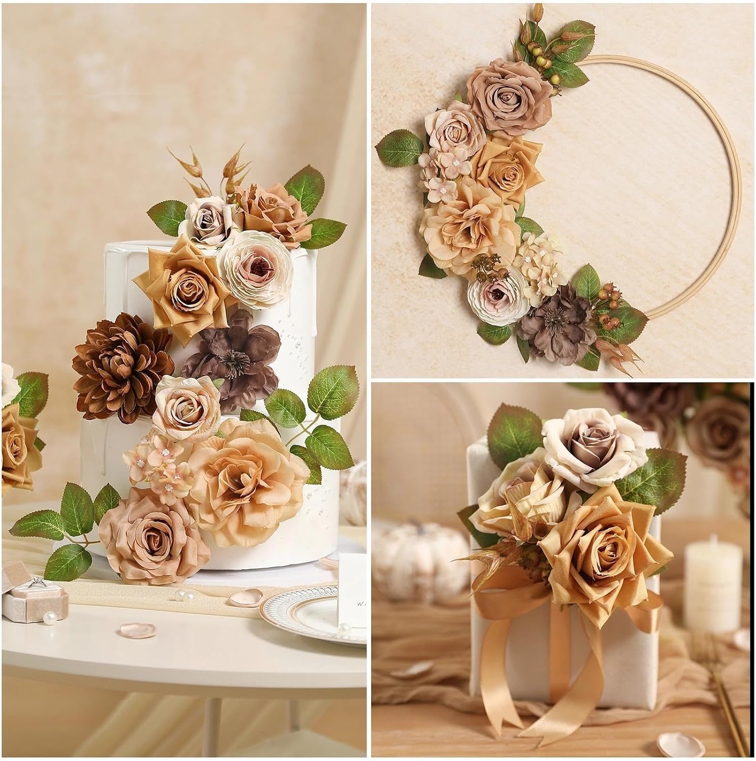 Coffee Artificial Flowers Combo Brown Silk Flowers Fake Roses Dahlia with Stems for DIY Wedding Bridal Bouquets,Table Centerpieces,Cake Floral Arrangement,Baby Shower,Birthday Home Decor - Image 4