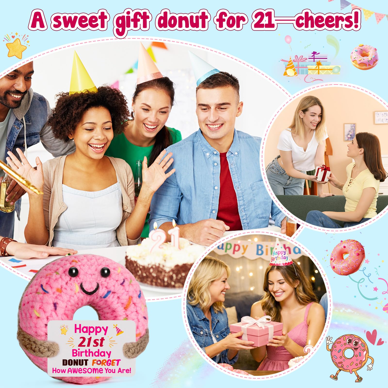 BuiltFit 21st Birthday Gifts for Her - Gifts for 21 Year Old Him Women Female Male, Cute Crochet Donut 21th Bday Party Favors Decorations Present for College Students Son Daughter Friends - 3
