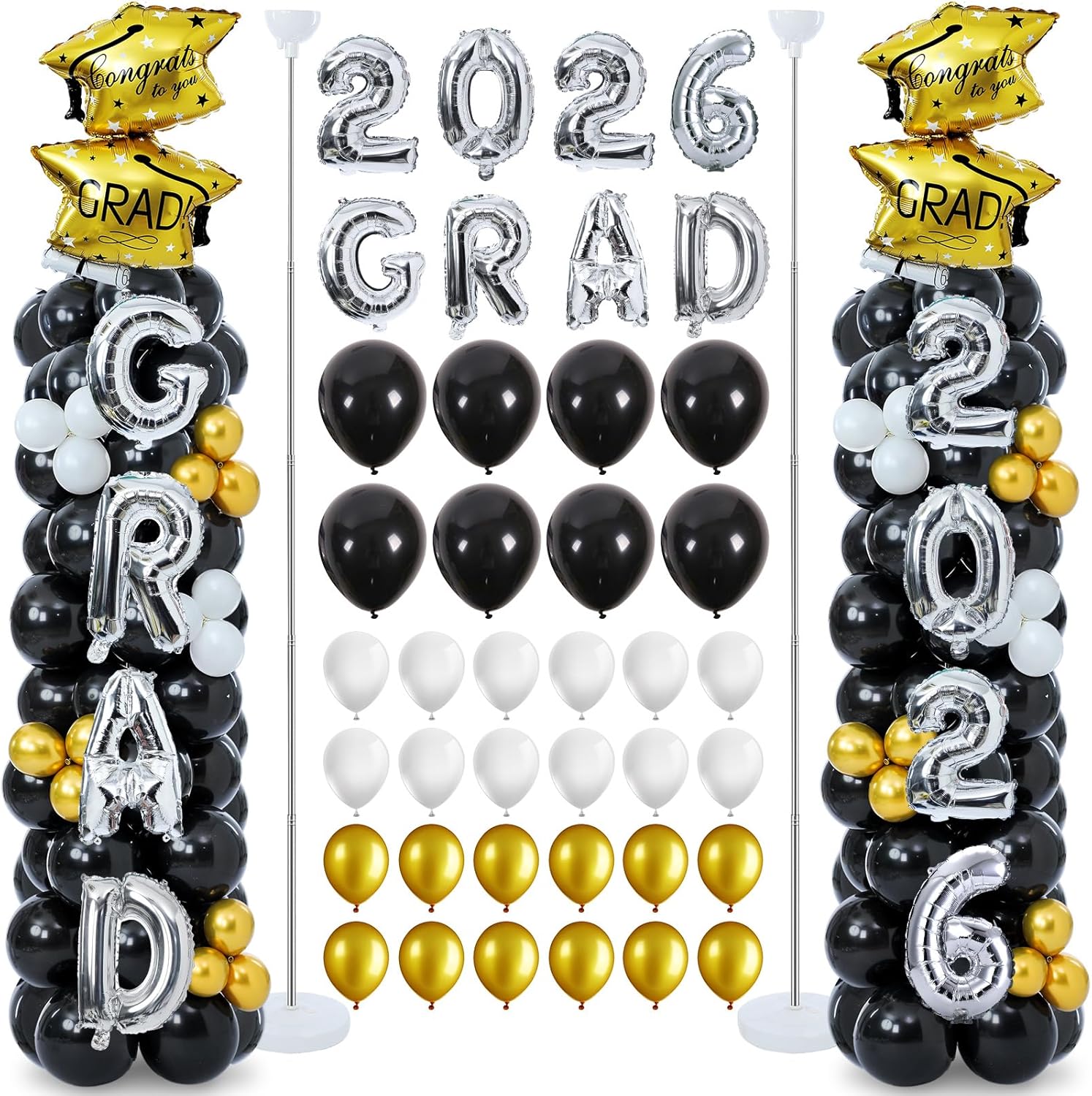Hungdao 2 Sets Graduation Balloon Column Stand Kits with 174 Balloons 6.6ft Black Gold Balloon Tower Stand Kit with Base 2026 Graduation Adjustable Decorations for Grad Party Decor Supplies