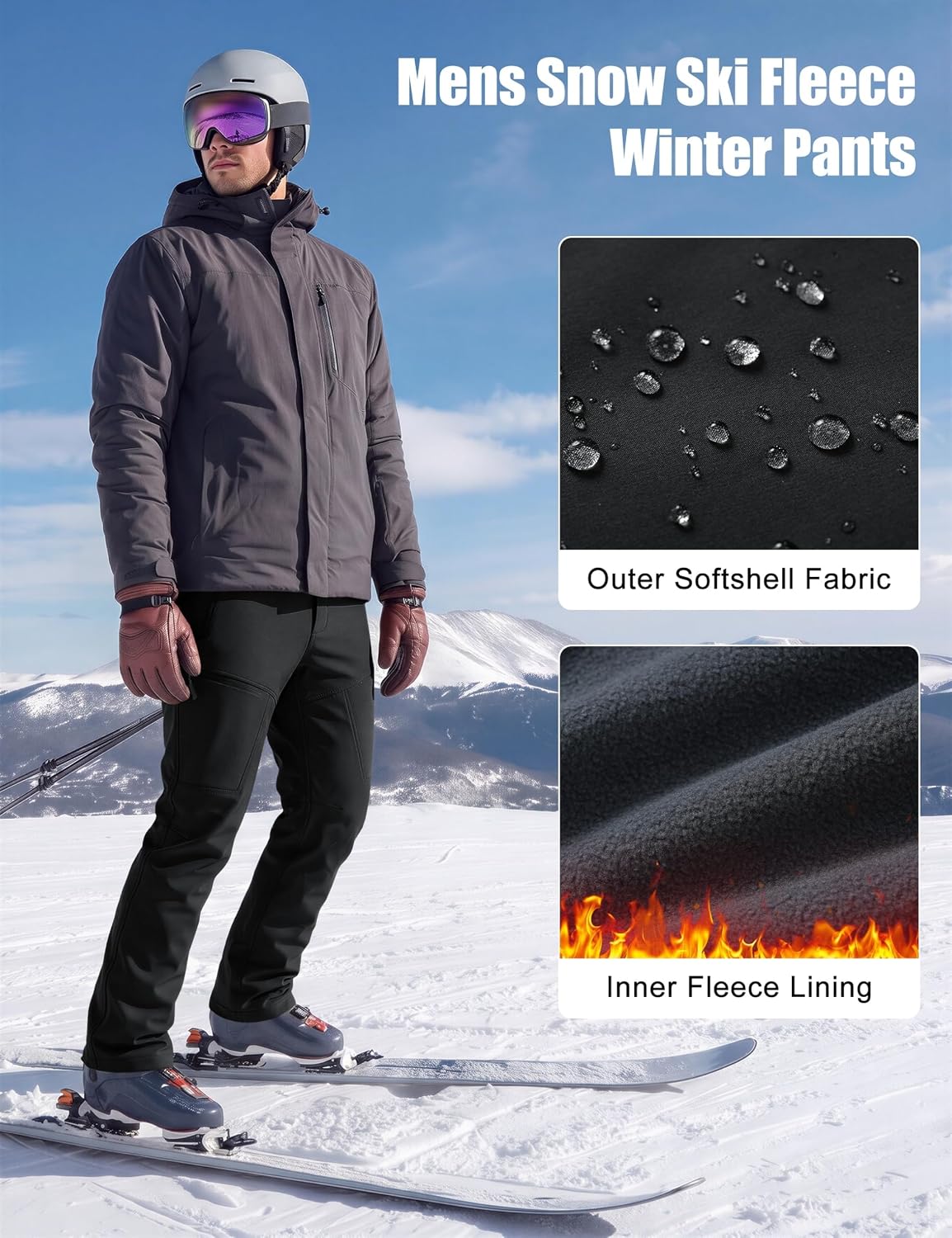 MAGCOMSEN Mens Snow Ski Pants Fleece Winter Outdoor Hiking Waterproof Pants