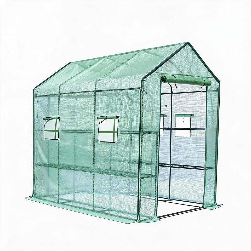 Walk‑in Greenhouse with 3‑Tier Shelves,PE Cover Iron Frame House