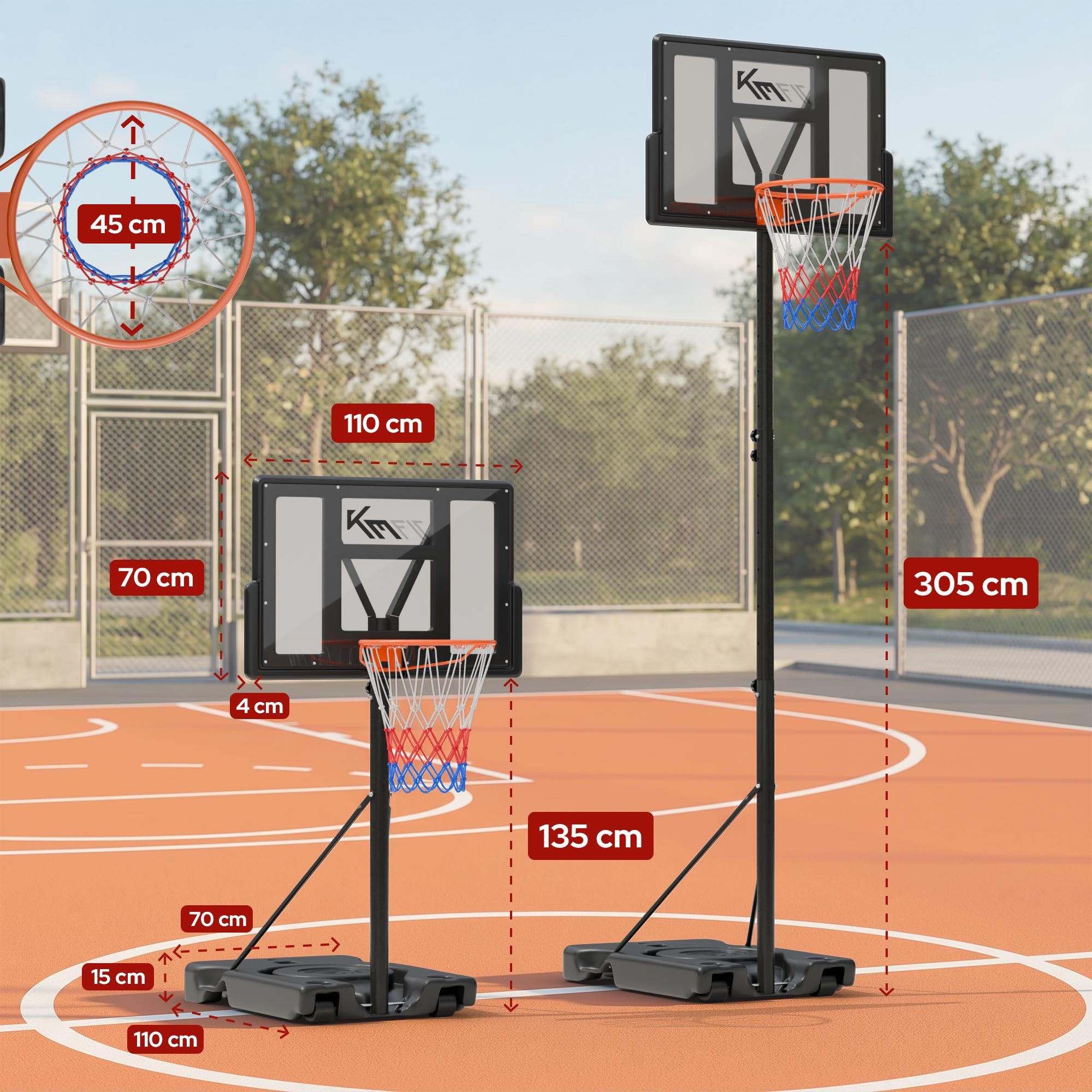KM-Fit Basketballkorb Outdoor höhenverstellbar 135–305 cm | Mobiler Basketballständer mit Federkorb, Rollen & Backboard | Basketballanlage für Kinder, Jugendliche & Erwachsene | inkl. 2 Netze