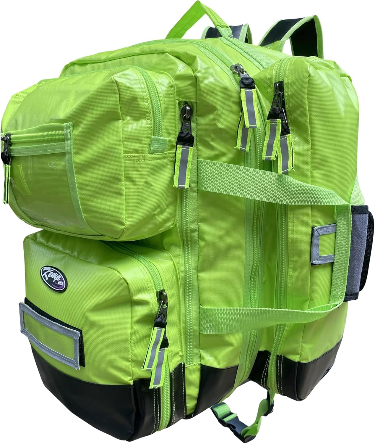 Kemp USA Ultimate EMS Backpack Neon Green Emergency Response Medical Bag Fluid Resistant Tarpaulin EMT Storage Fits BLS ALS Equipment D Tank Oxygen Cylinder Professional Field Use