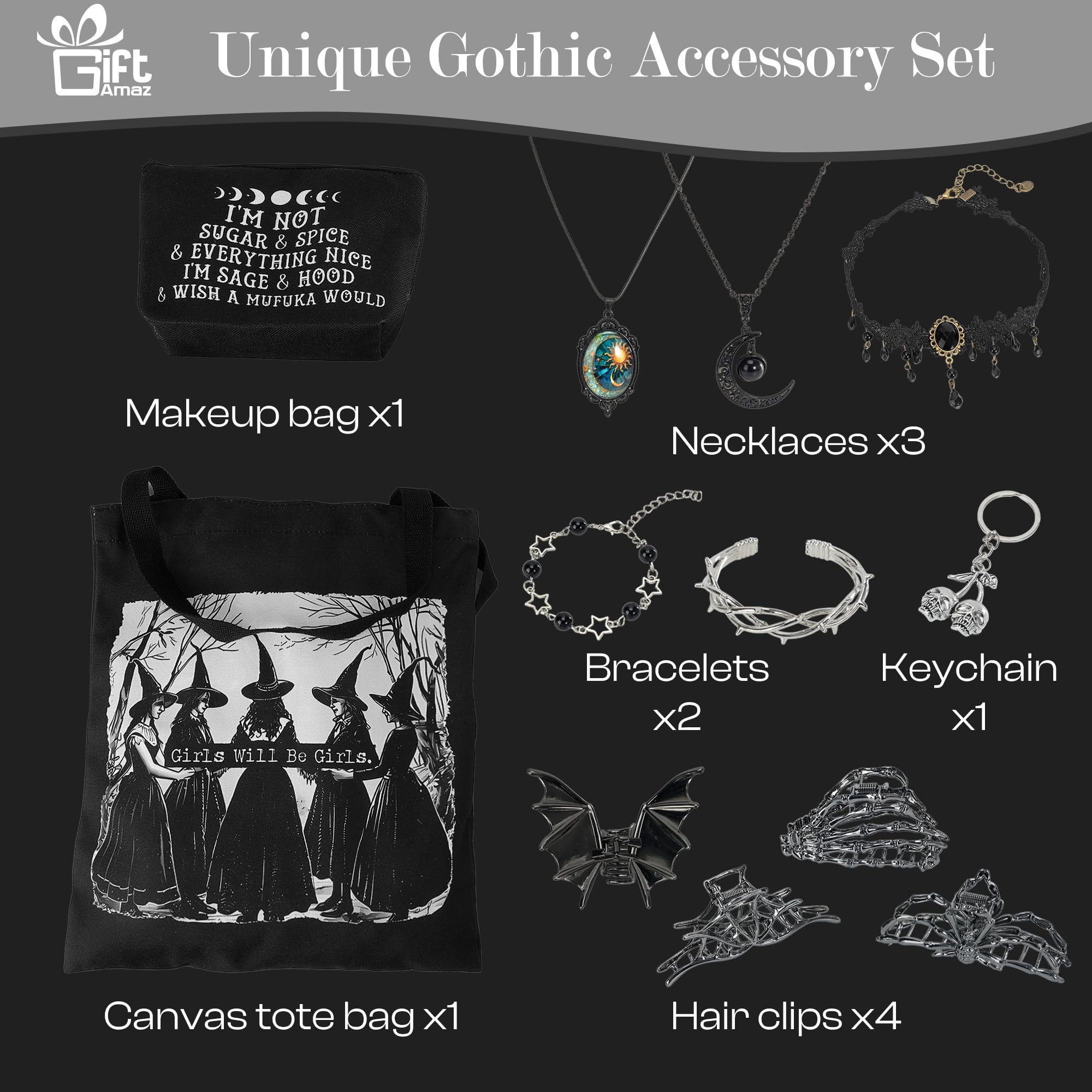 Giftamaz Gothic Gifts for Women - 12 PCS Witchy Gifts Goth Accessories with Hair Clips, Witch Canvas Tote Makeup Bag, Spooky Gifts Basket Witchy Skull Gift Box for Girls Teens Friend Gothic Lovers