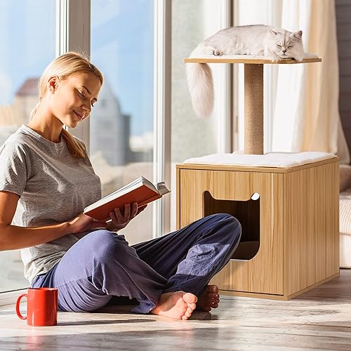 Miniatura 7 de MEWOOFUN Caja de arena para gatos, casa de madera para gatos con cama para gatos, muebles ocultos para lavarlos con poste rascador